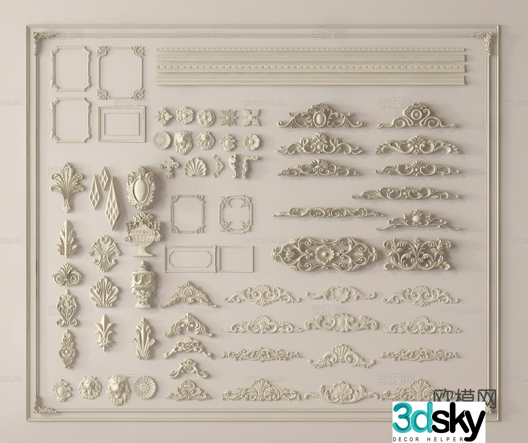 French carving lines gypsum lines corner lines corner flowers gypsum lamp plate 3d model