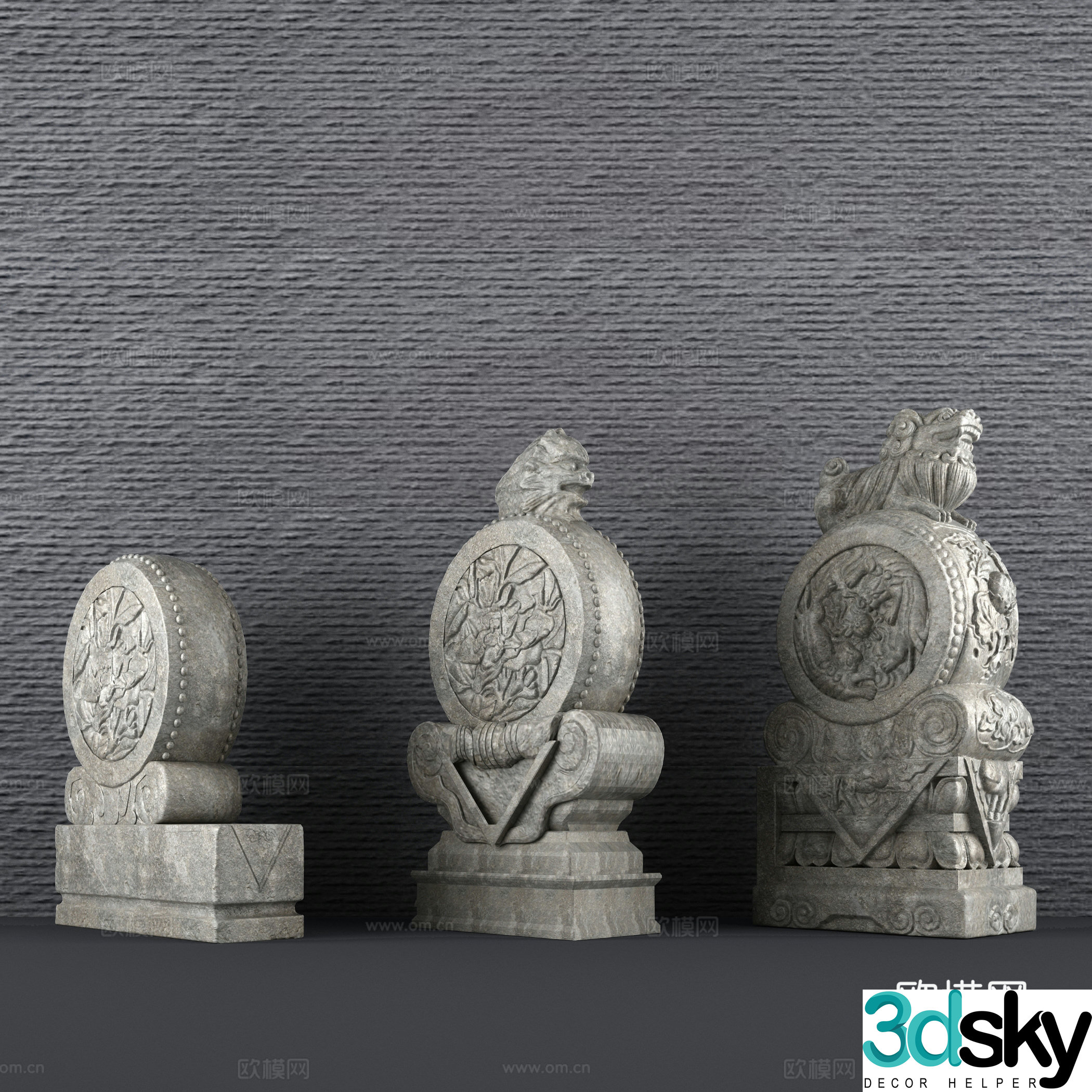 Traditional Chinese style drum stone sculpture front stone ancient building front stone 3D model