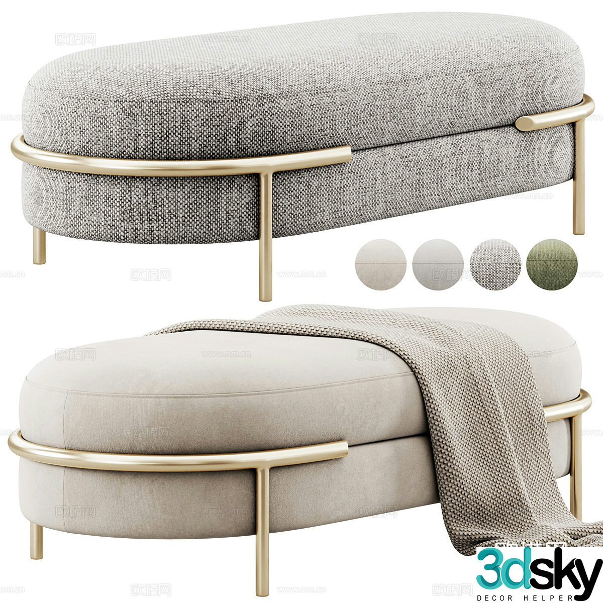 Modern Italian light luxury fabric bench strip stool tail stool 3D model