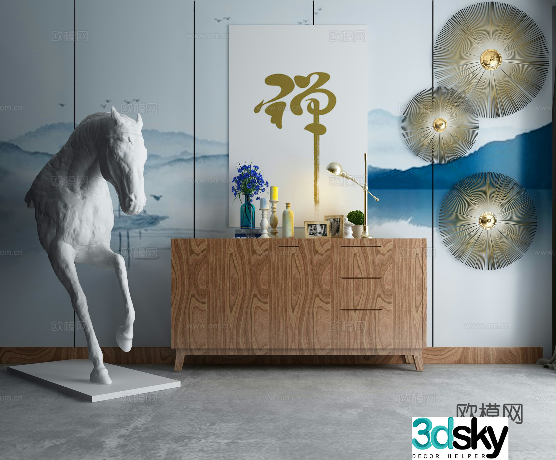 Modern Chinese style end view cabinet horse sculpture 3d model