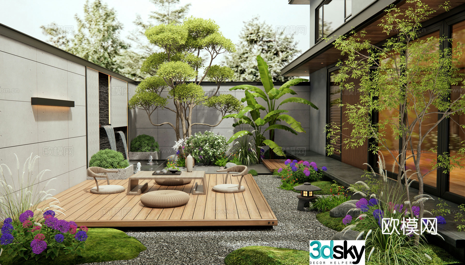 Modern villa courtyard landscape waterscape plant landscaping flowers and plants landscape trees plant landscape 3d model