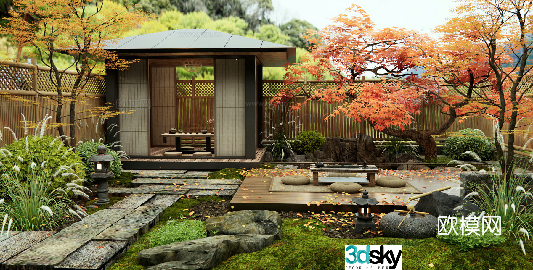 New Chinese Zen courtyard landscape rockery waterscape stone road tingpu pavilion stone red maple 3d model