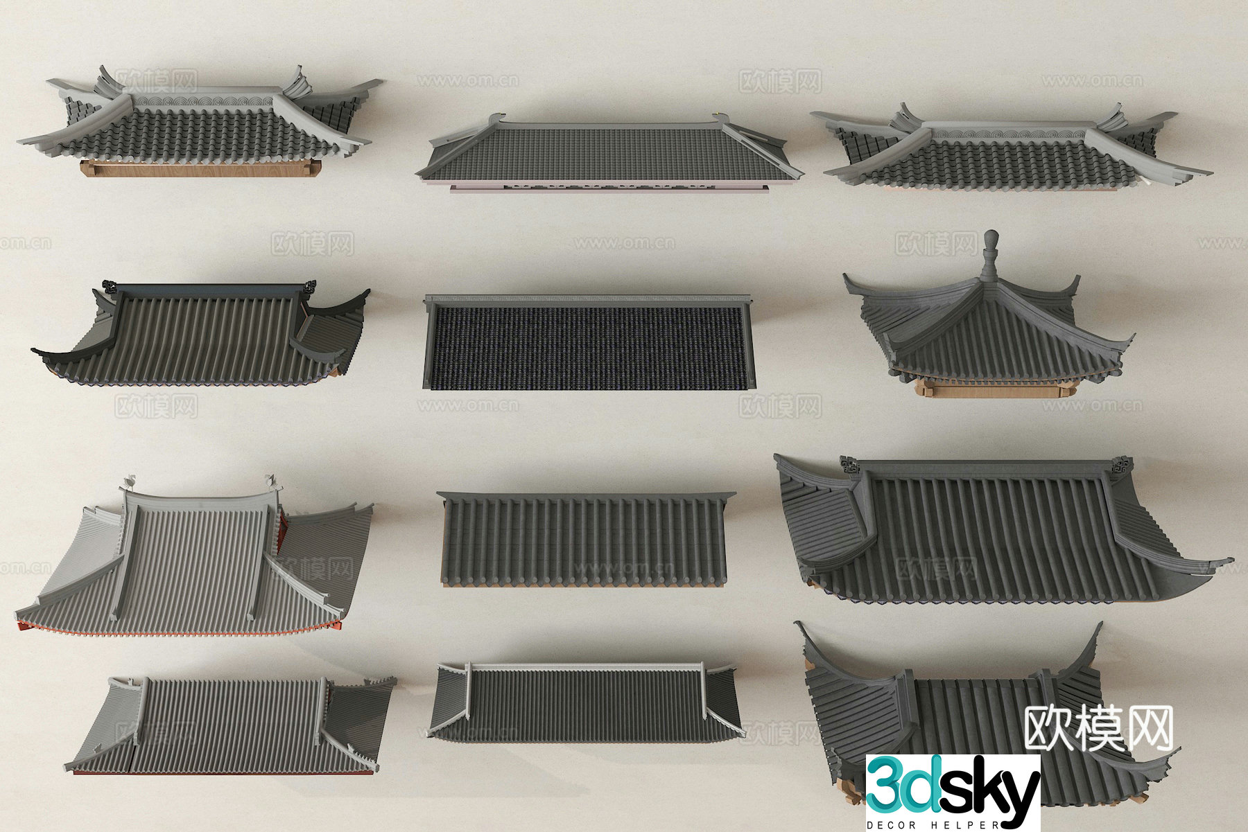 Chinese eaves roof tiles roof ridge 3d model