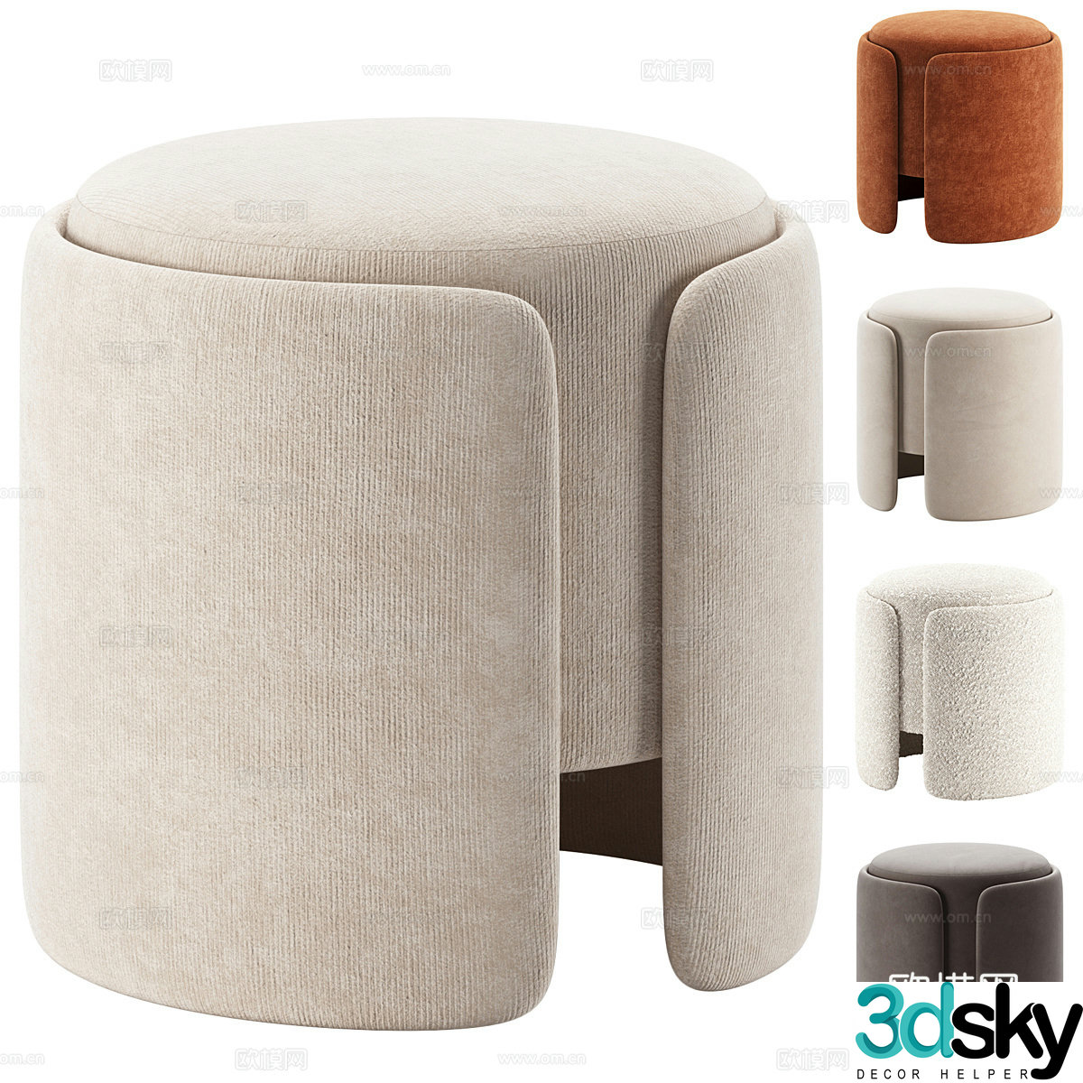 Modern Italian cream style fabric round stool makeup stool 3D model