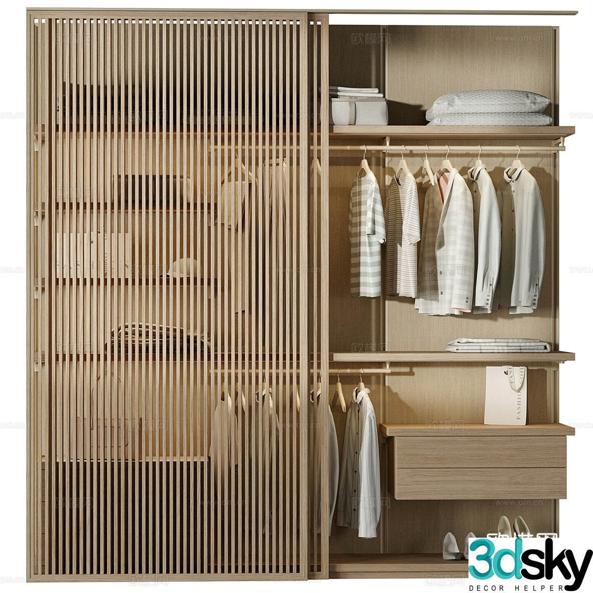 New Chinese style wooden grille sliding door wardrobe 3D model