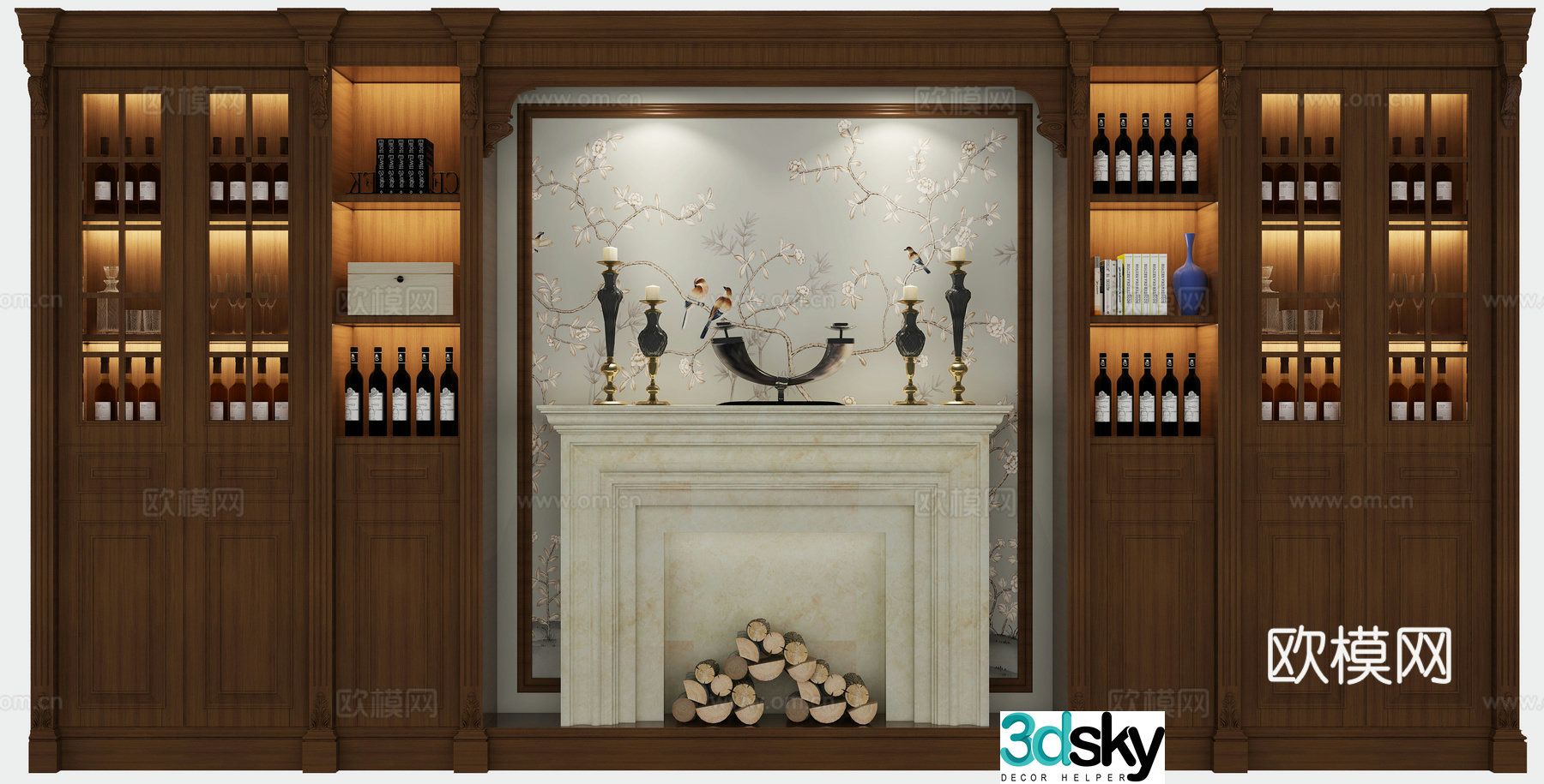 Traditional American wine cabinet fireplace combination 3D model