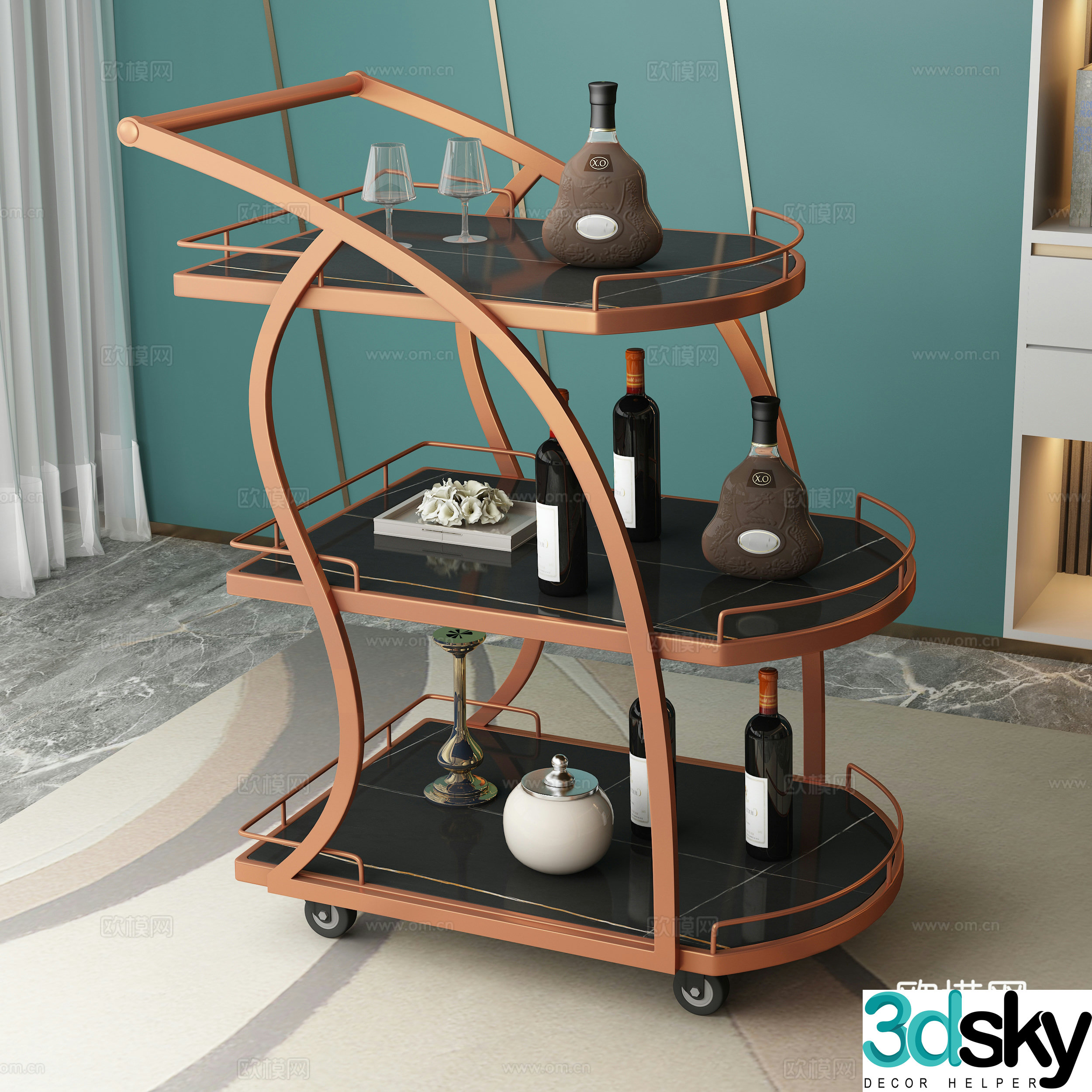 Modern dining car trolley rose gold 3d model