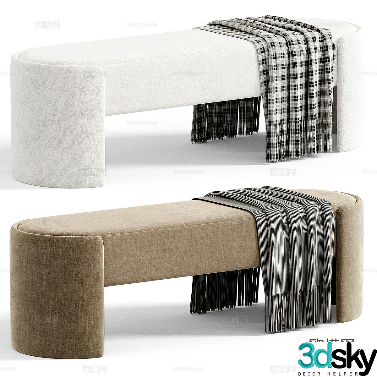 Modern Italian cream style fabric bench strip stool tail stool 3D model