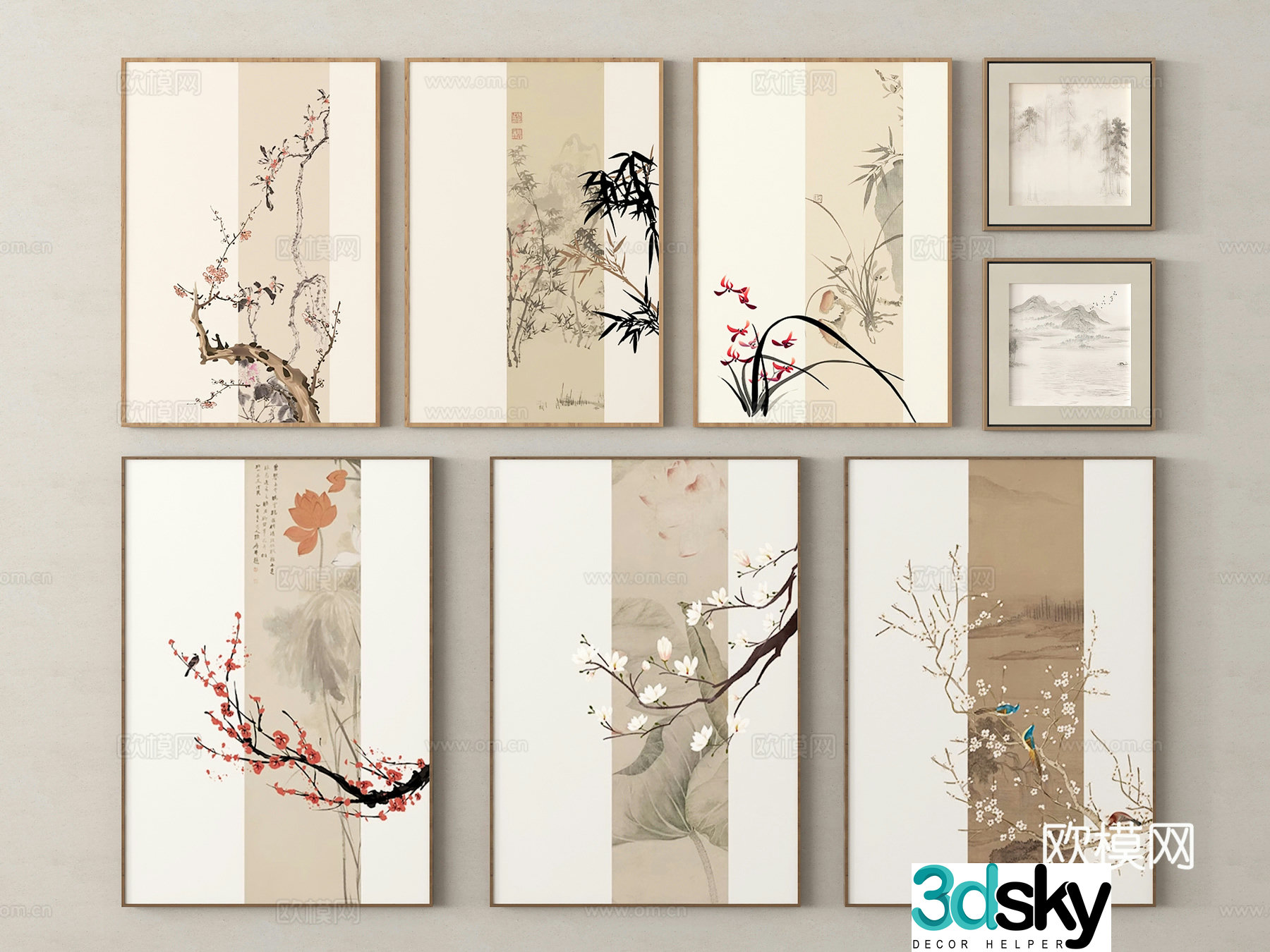 New Chinese style hanging painting combination decorative painting 3D model