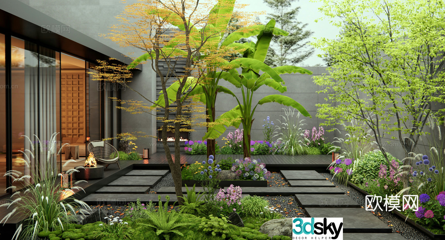 New Chinese style villa courtyard garden plant landscape flowers and plants landscape trees lanyard 3d model