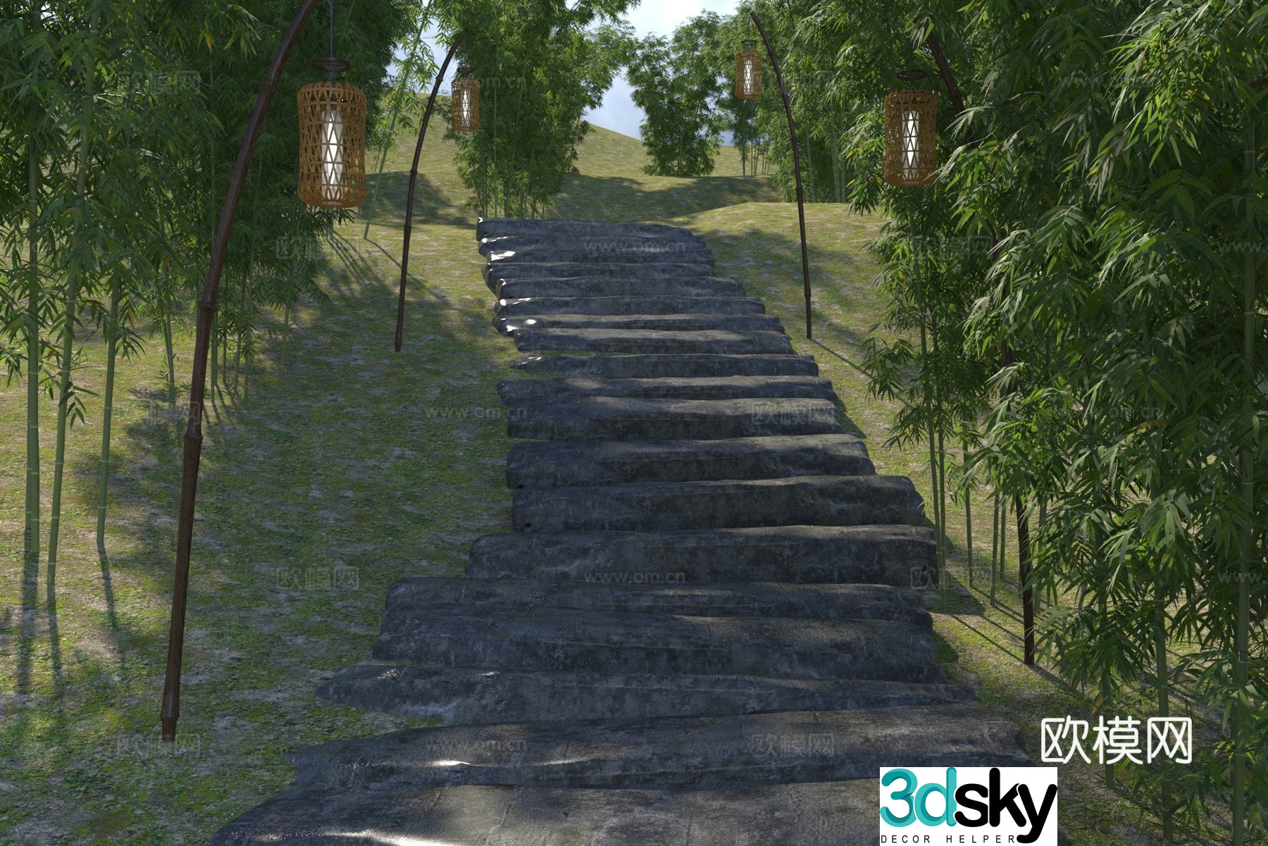Modern bamboo forest park landscape stairs 3d model