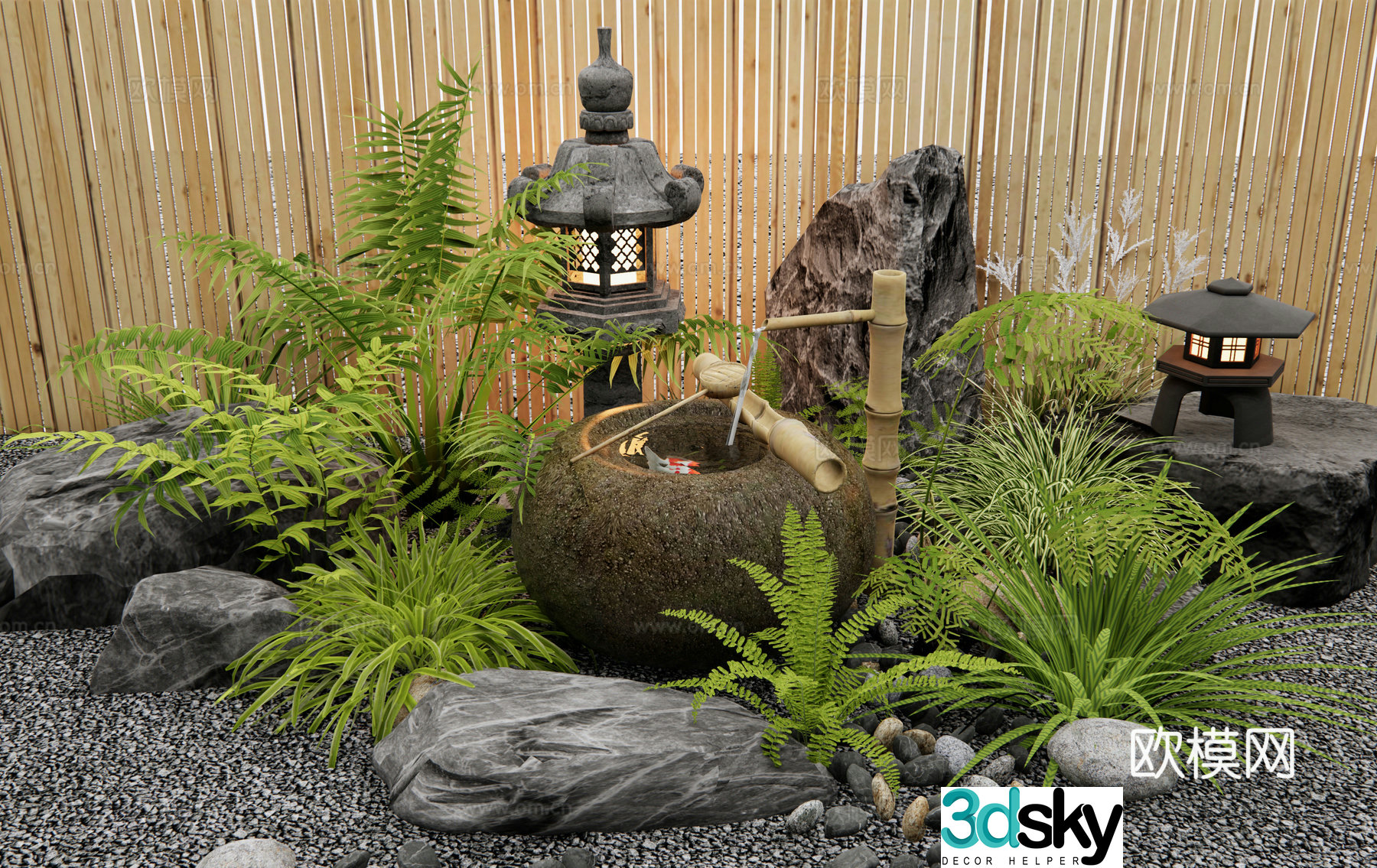 Japanese waterscape dry landscape water bowl flowing water ornament stone mortar waterscape courtyard landscaping courtyard water 3D model