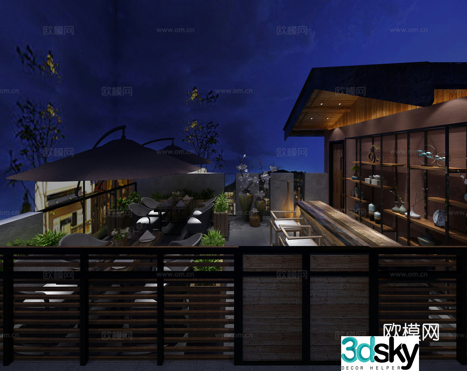 New Chinese style night view terrace 3D model