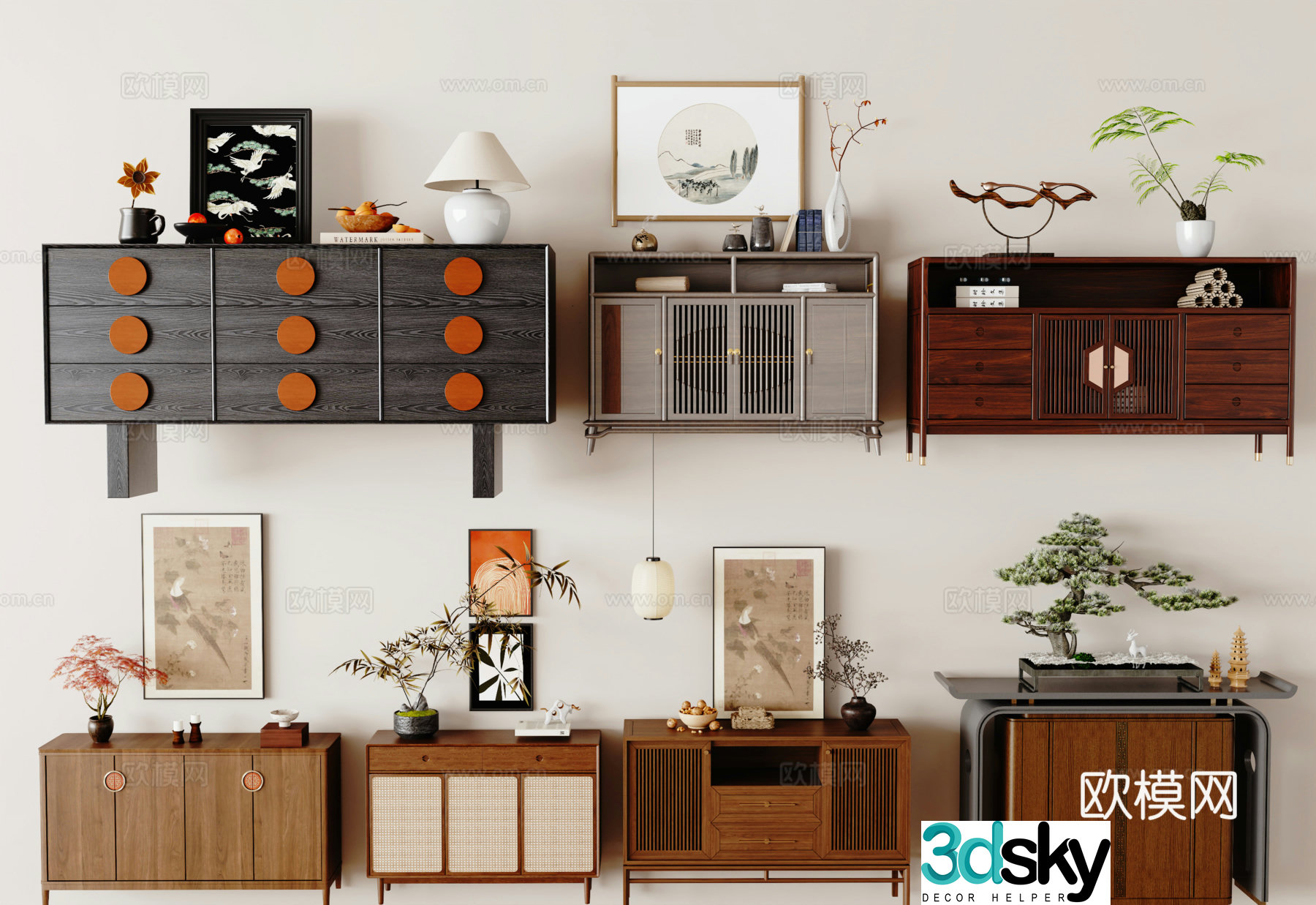 New Chinese style entrance cabinet side cabinet decorative painting New Chinese style accessories 3D model