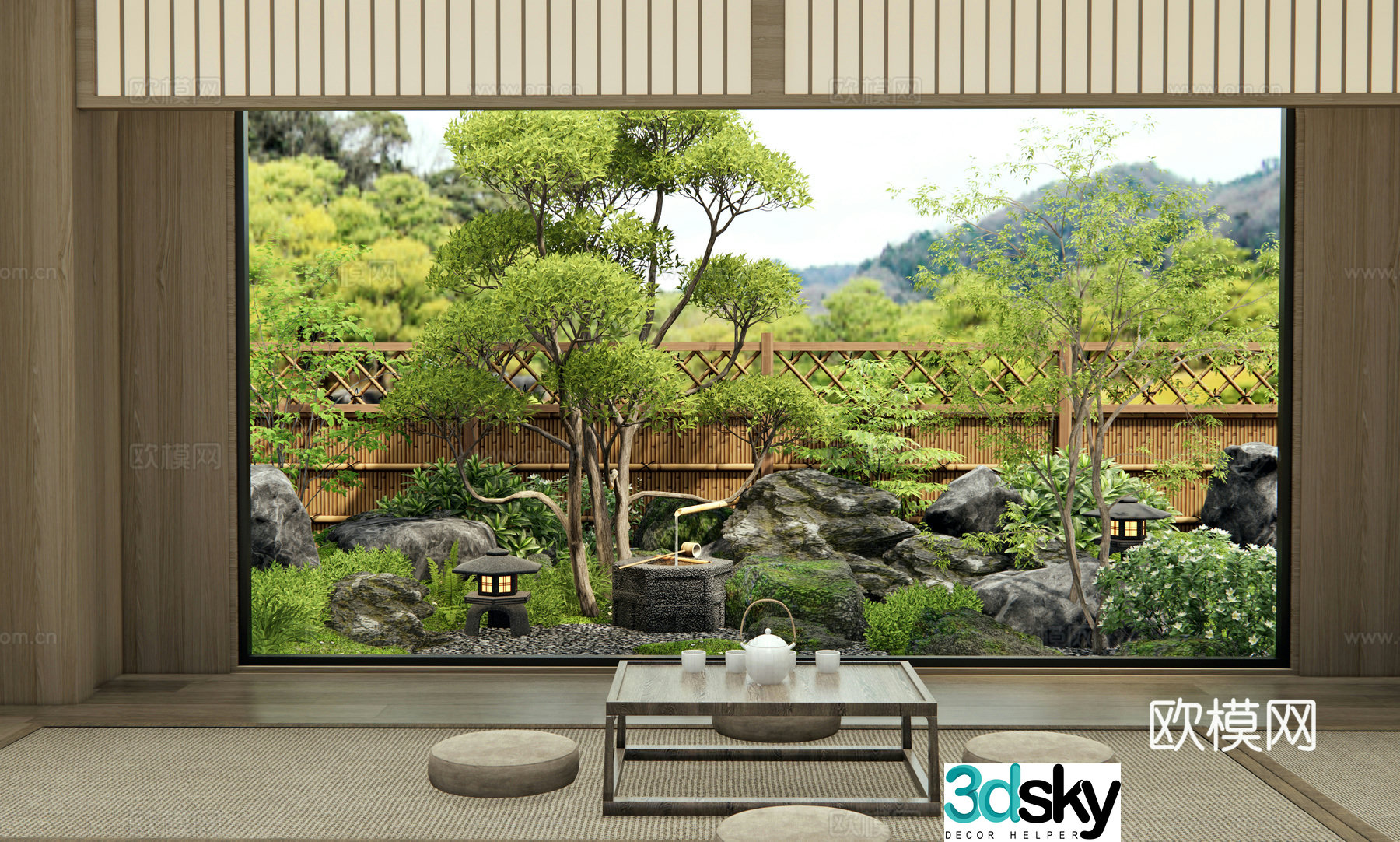 Japanese Zen courtyard landscape water bowl water view landscape stone plant landscape dry landscape tingling step 3D model