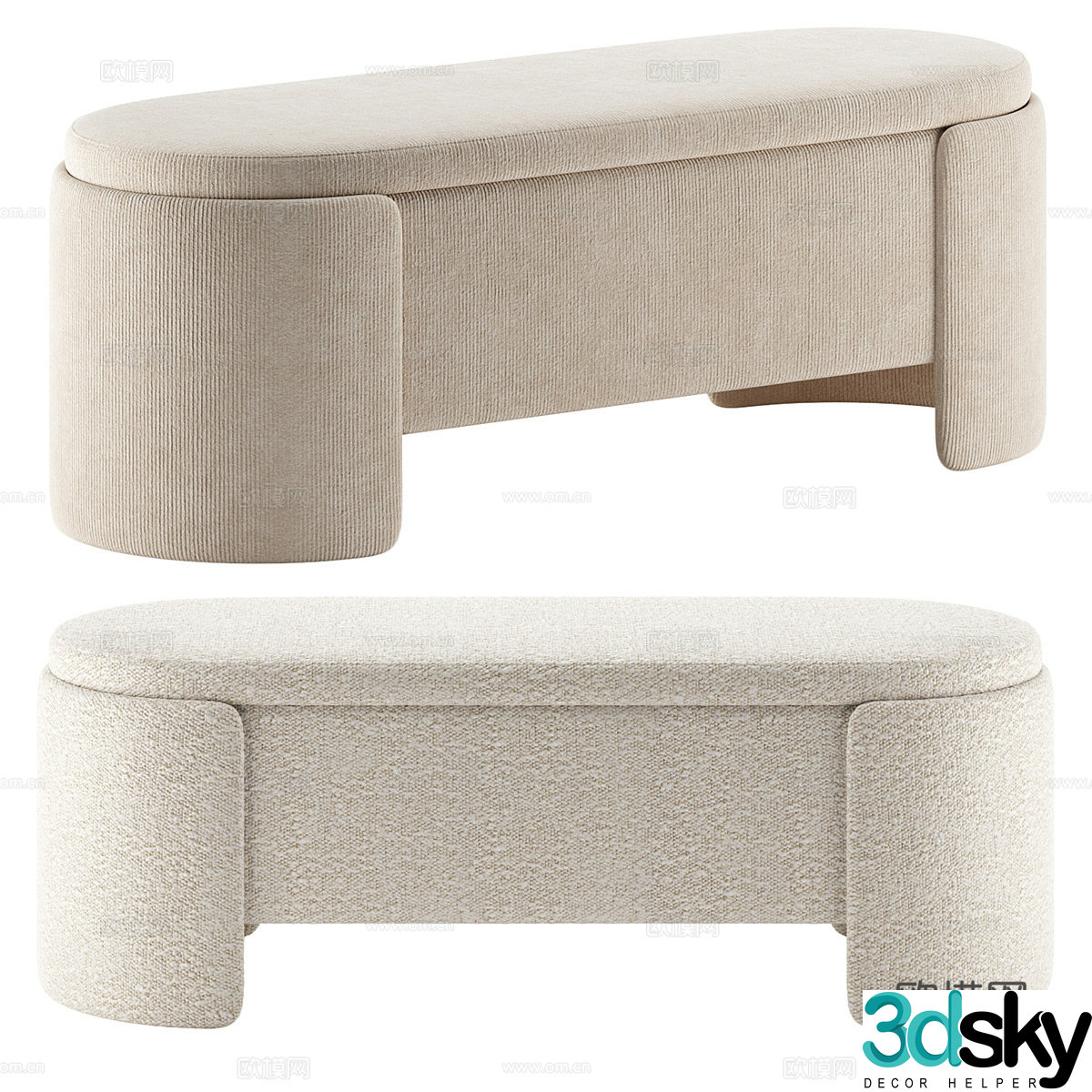 Modern Italian cream style fabric bench strip stool tail stool 3D model