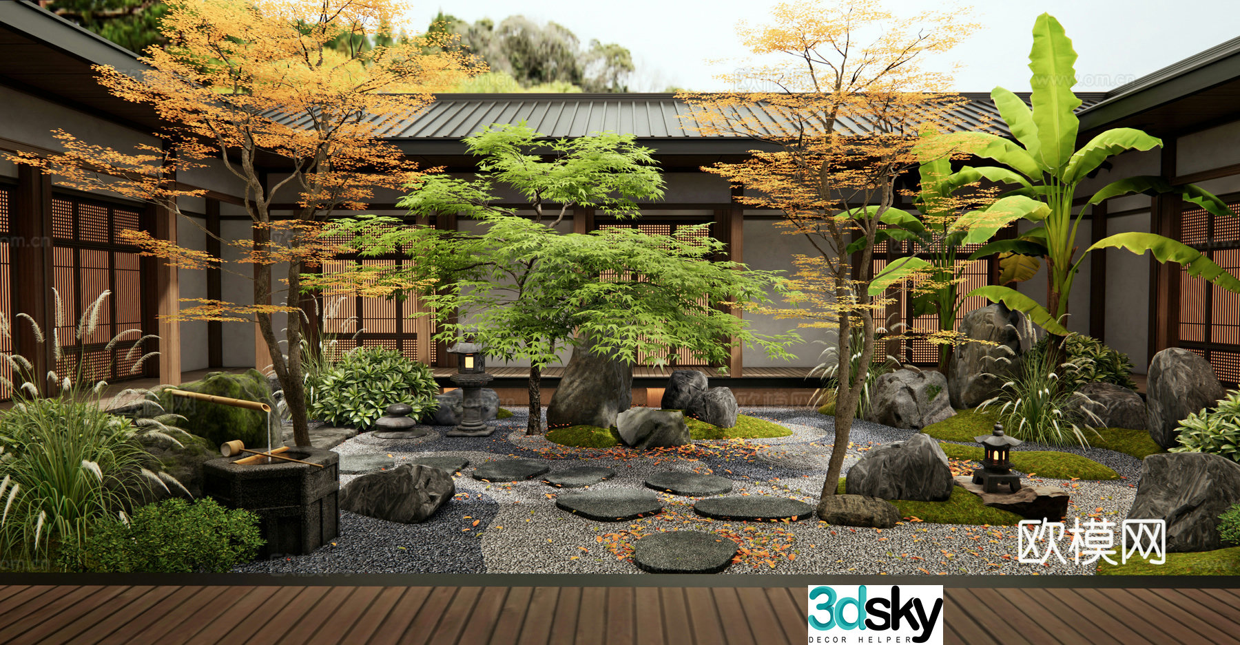 New Chinese Zen courtyard landscape dry landscape landscape stone tingstep atrium landscaping 3D model