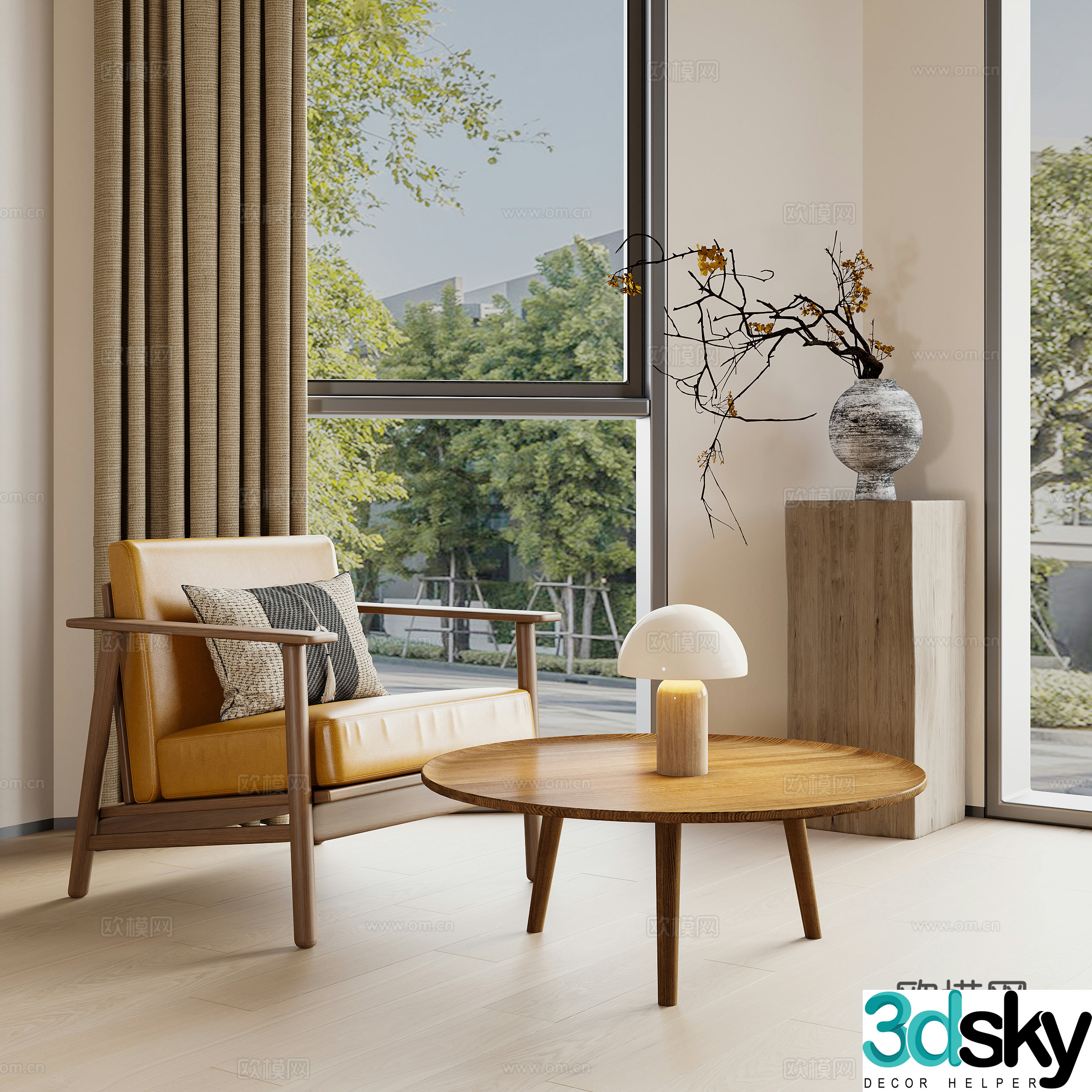 Medium style leisure chair chair coffee table combination ornament combination table lamp 3D model