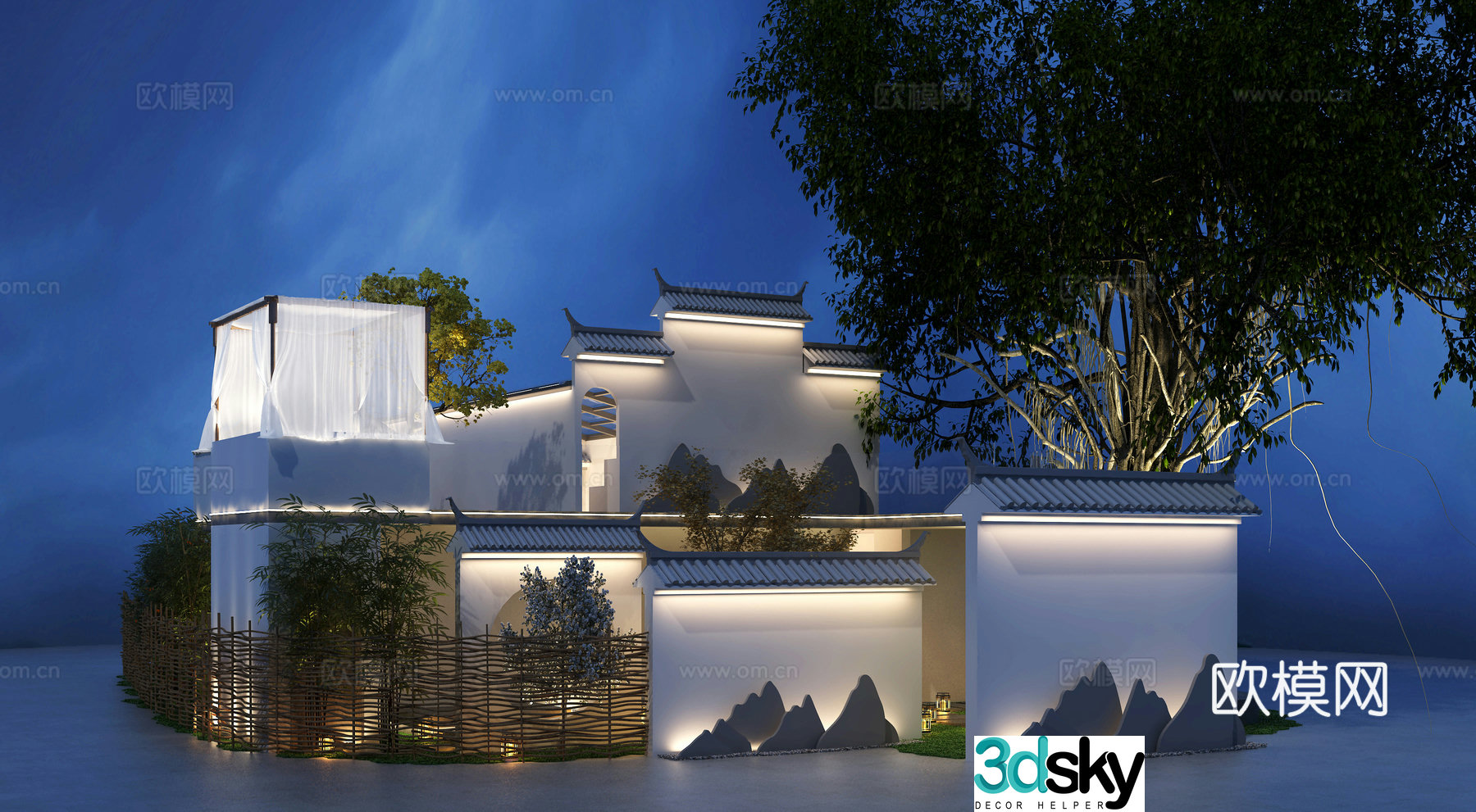 New Chinese style tea room exterior famous house wall tile roof 3D model