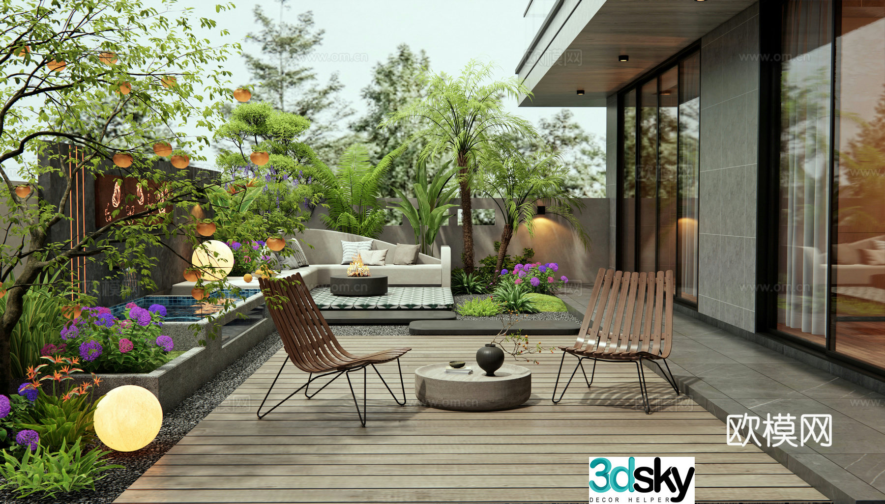Modern courtyard garden water view wall booth outdoor sofa outdoor table and chairs flowers and plants plant pile 3d model