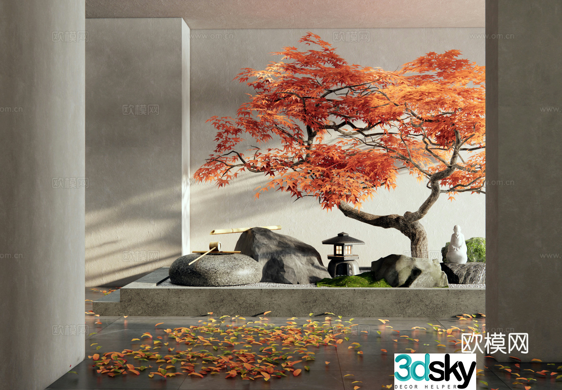 New Chinese style interior landscape landscaping red maple dry landscape water bowl water landscape landscape stone 3d model