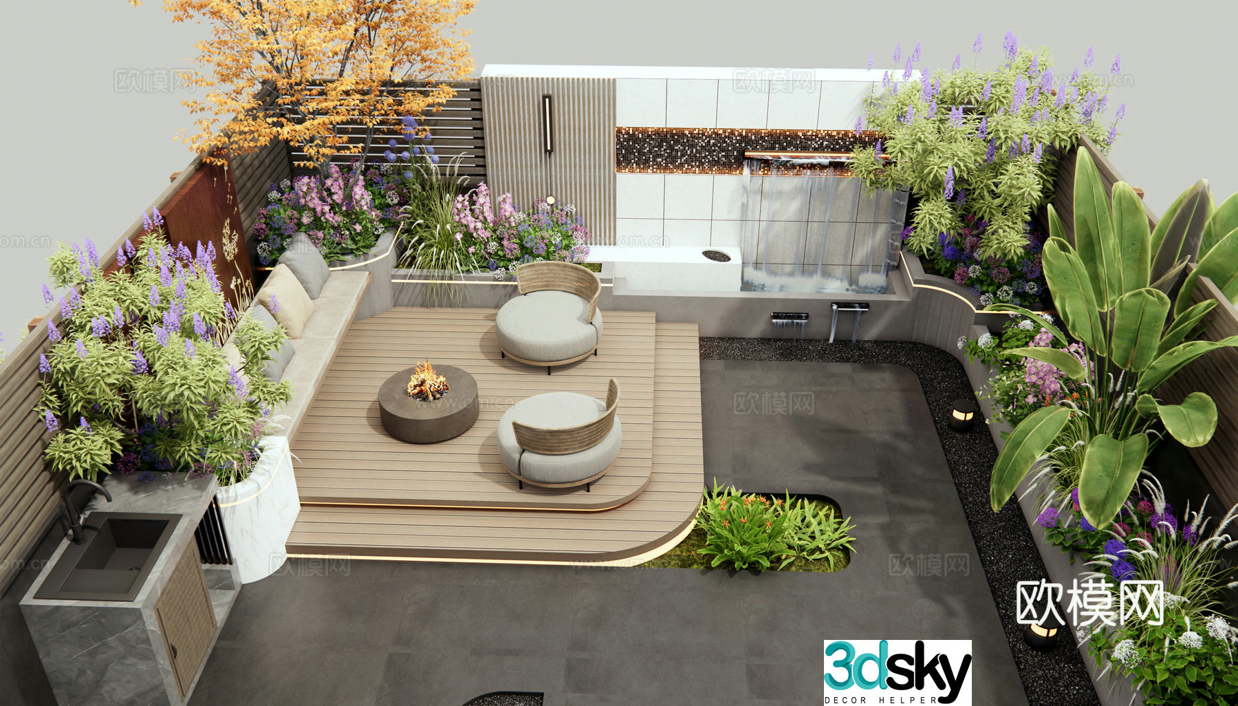 Modern villa courtyard garden outdoor sofa flower plants plant combination flower pond water view wall 3d model
