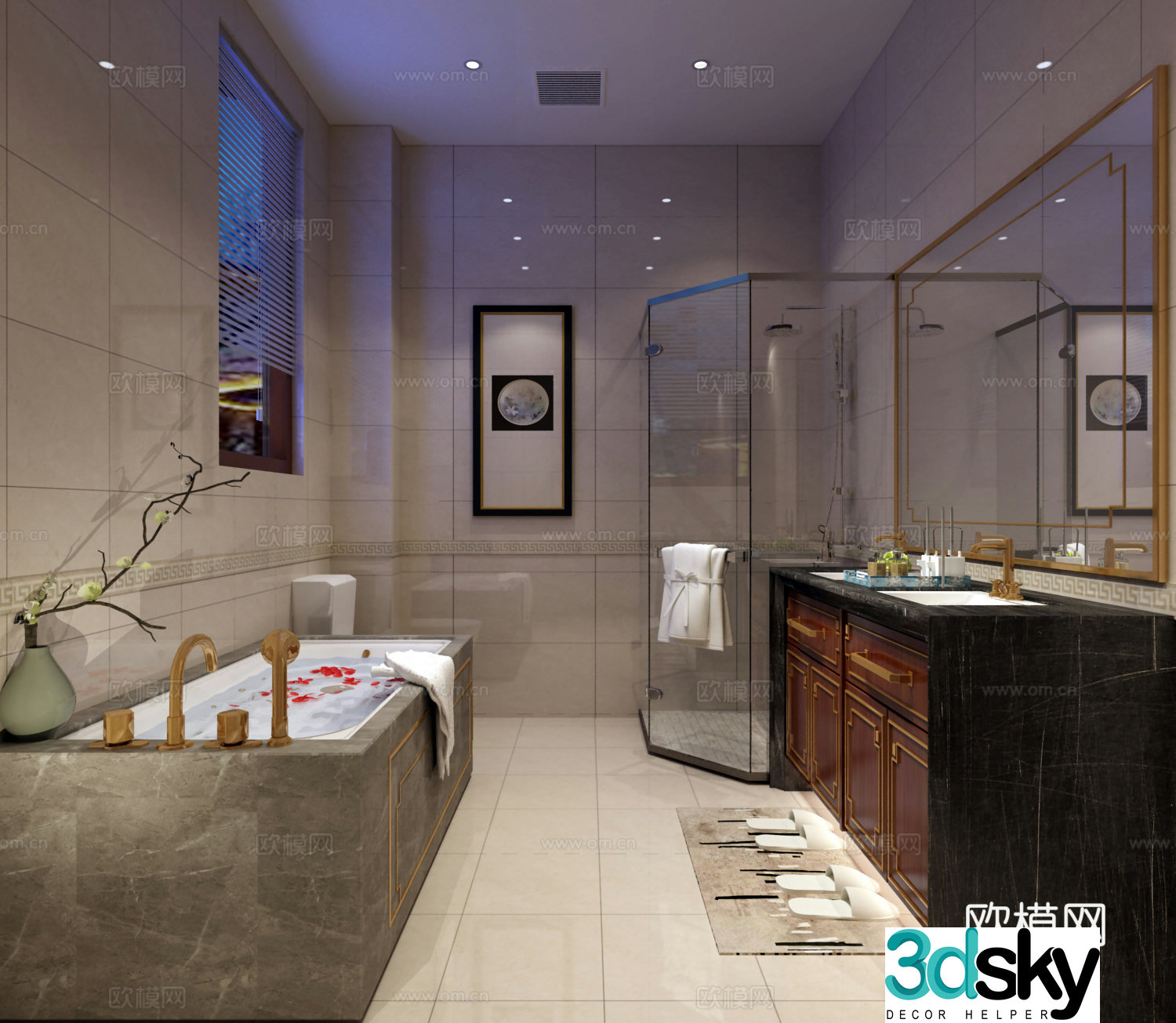 New Chinese style bathroom toilet dressing mirror bathtub 3d model