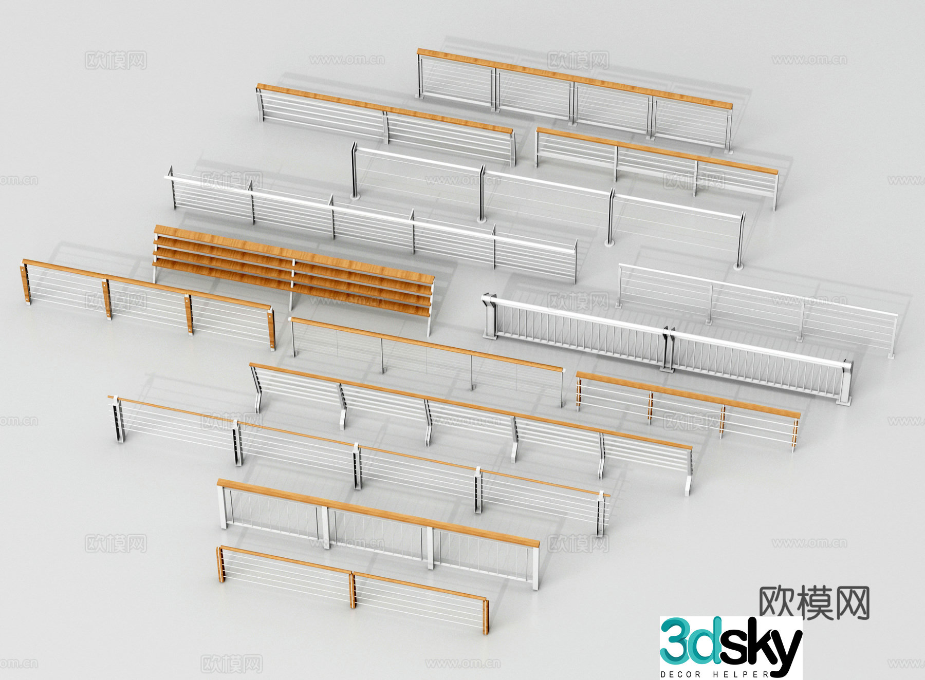 Modern railings Iron railings Fences Guardrails Handrails Balcony railings Wooden fences Stone 3D model