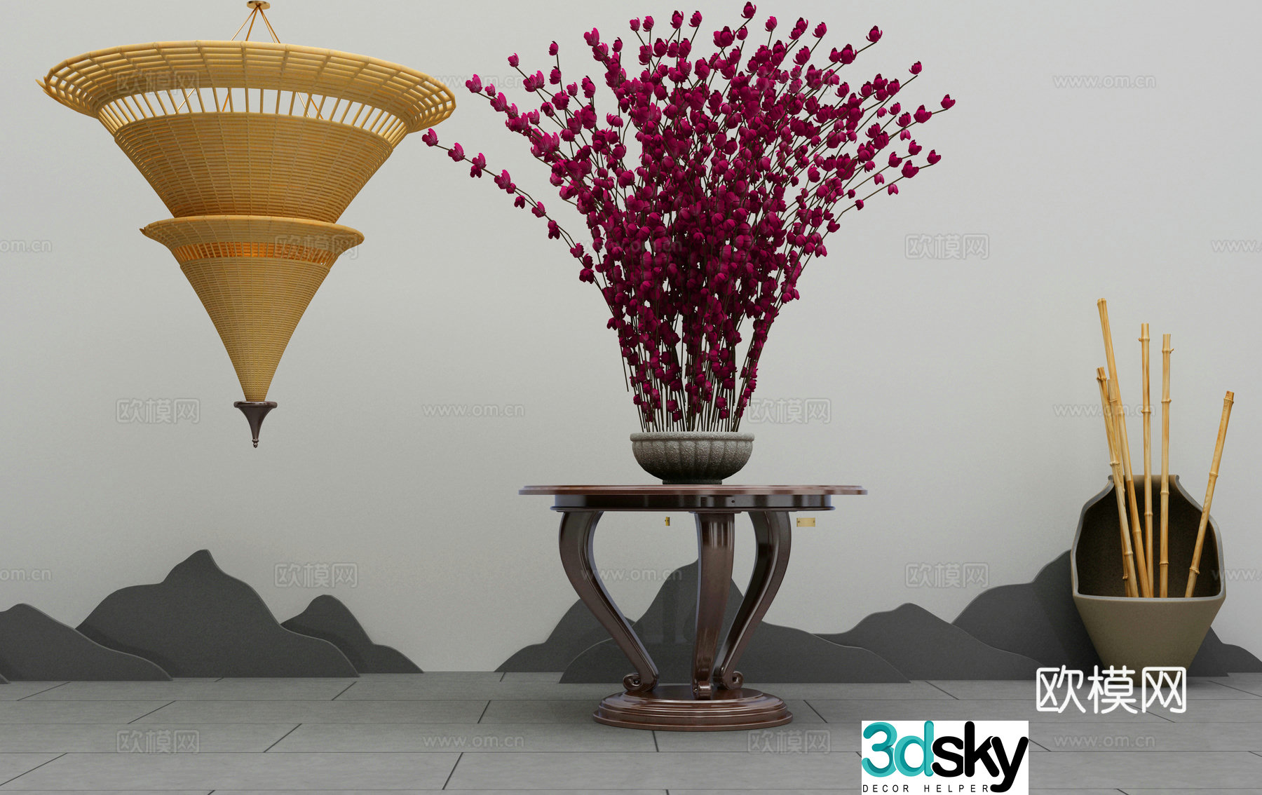 Zen Chinese style lobby table hanging dry branches 3D model