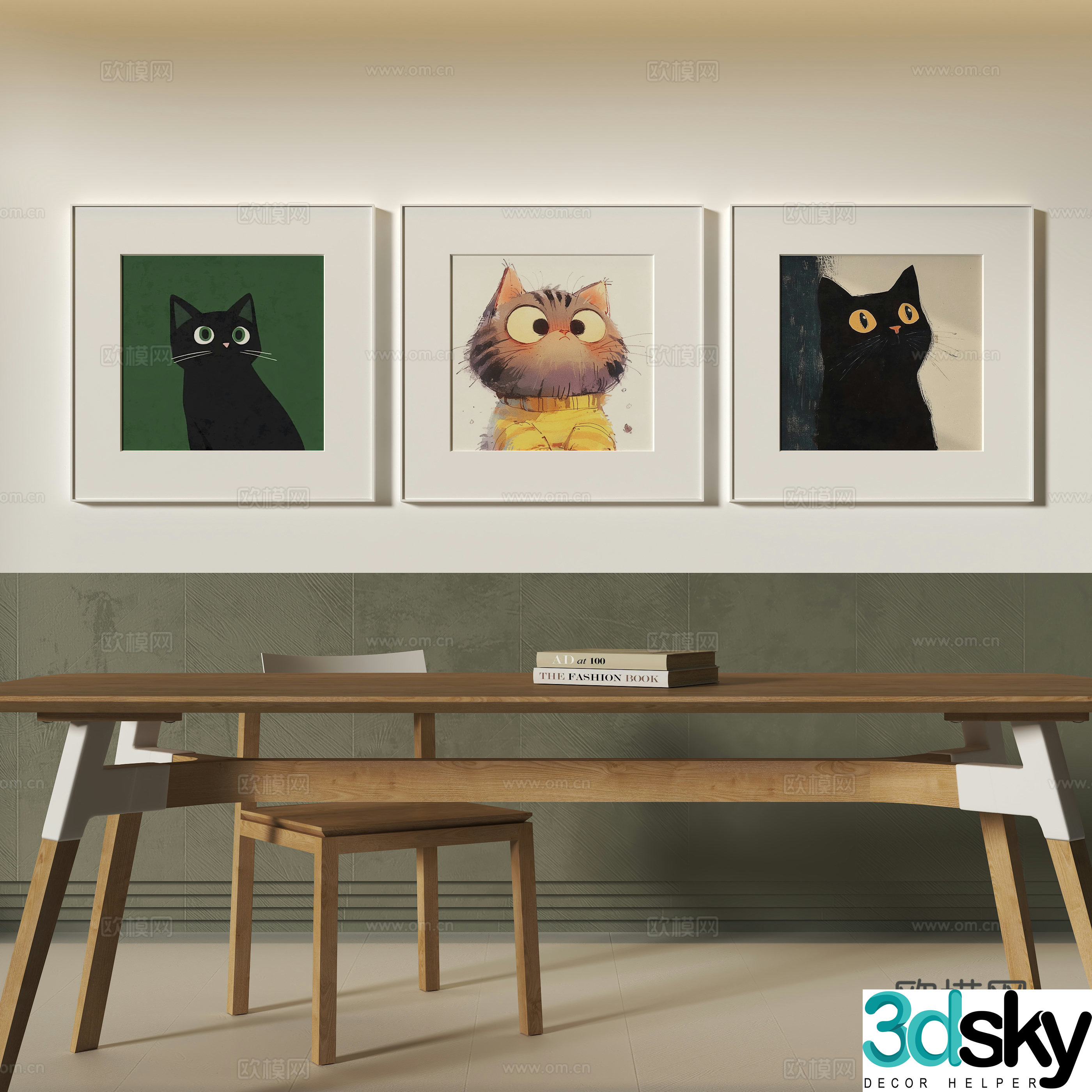 Modern study desk and chair animal decoration hanging painting 3d model