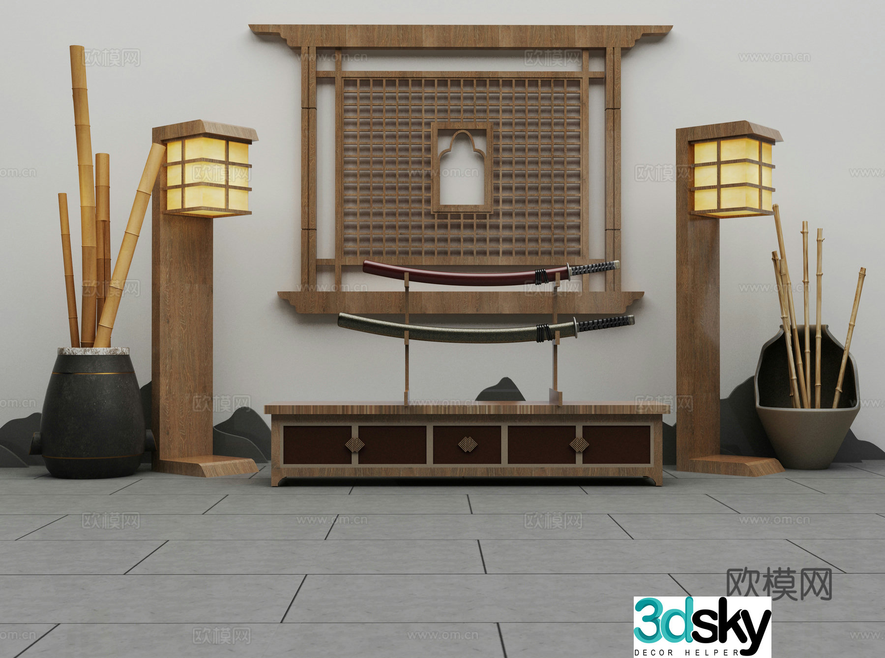 Japanese Zen ornaments knife bamboo lamp window 3D model