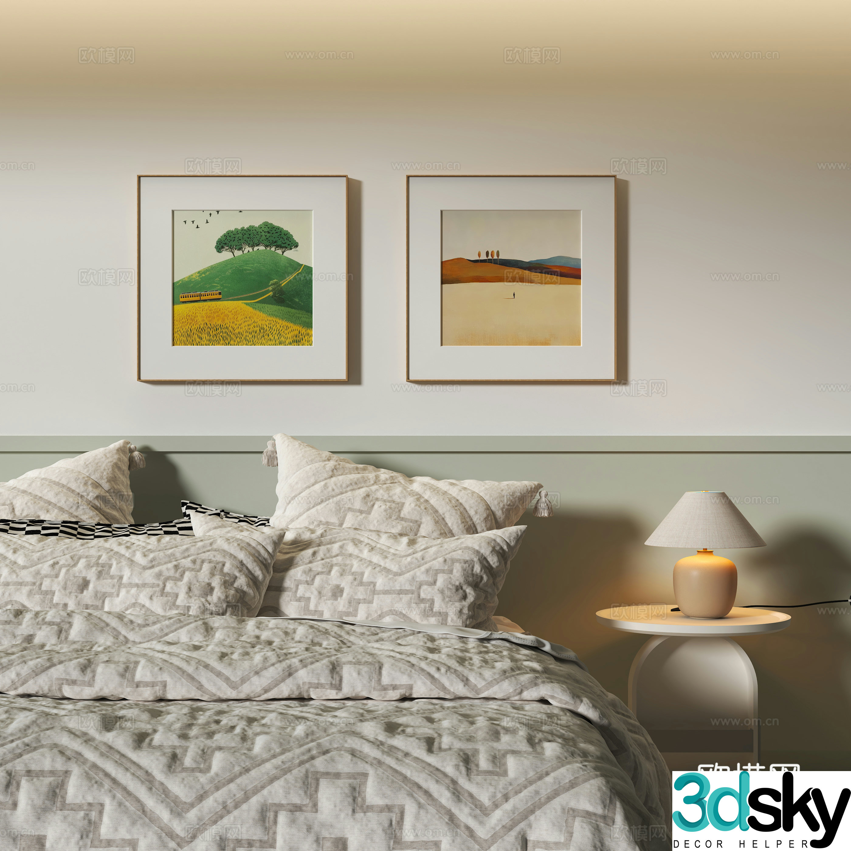 Modern bedroom decoration hanging painting desk lamp pillow 3d model