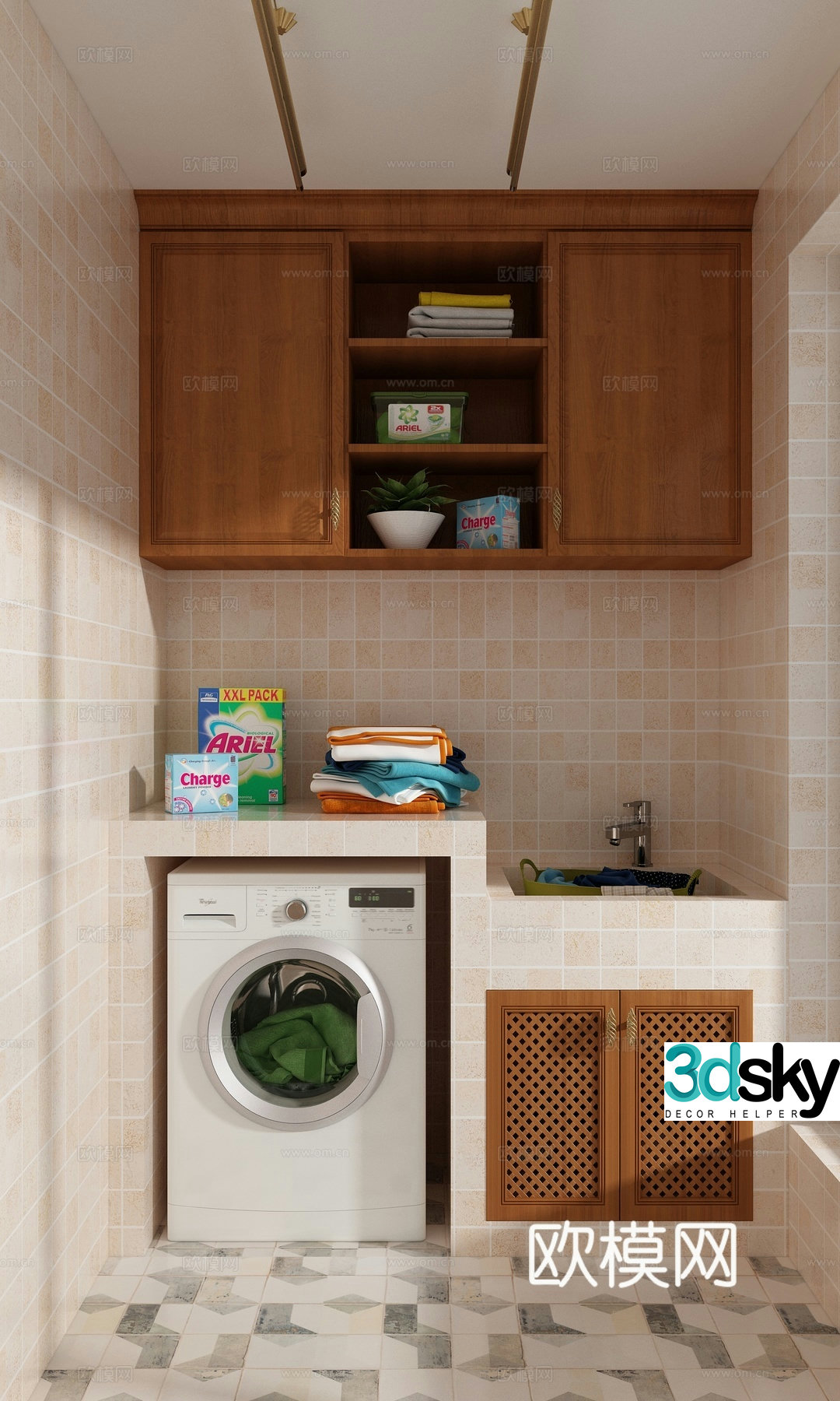 European simple washing machine cabinet balcony cabinet washing machine washing powder clothes clothes drying rack 3d model