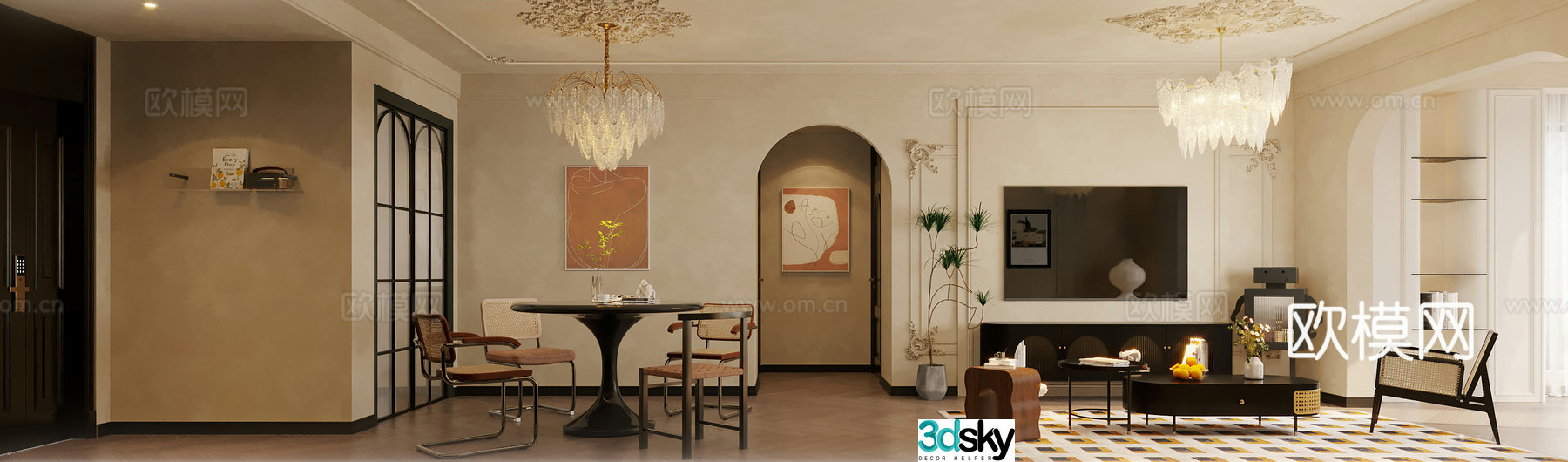 French retro living and dining room 3d model