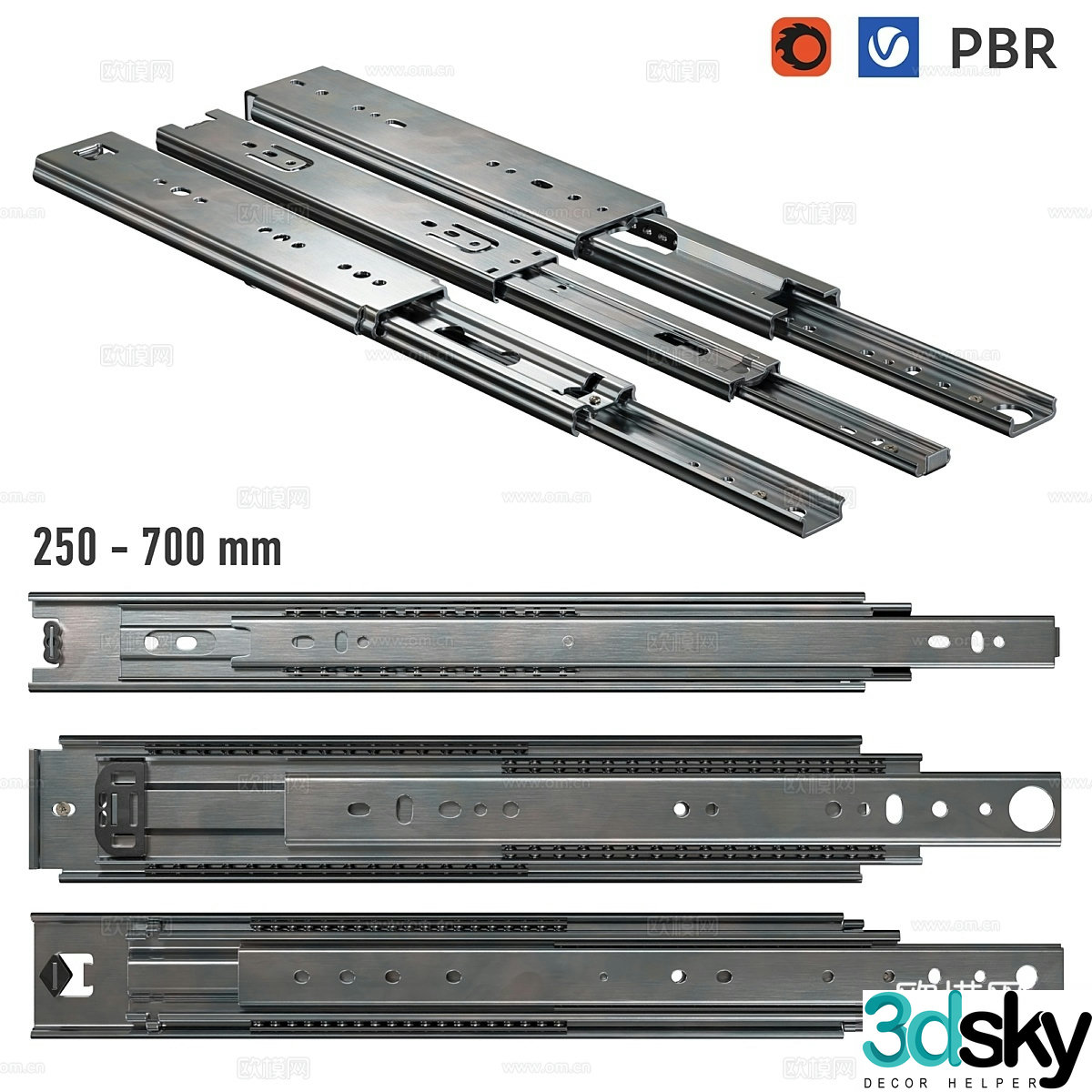 Furniture ball bearing slide rail PBR texture 3d model