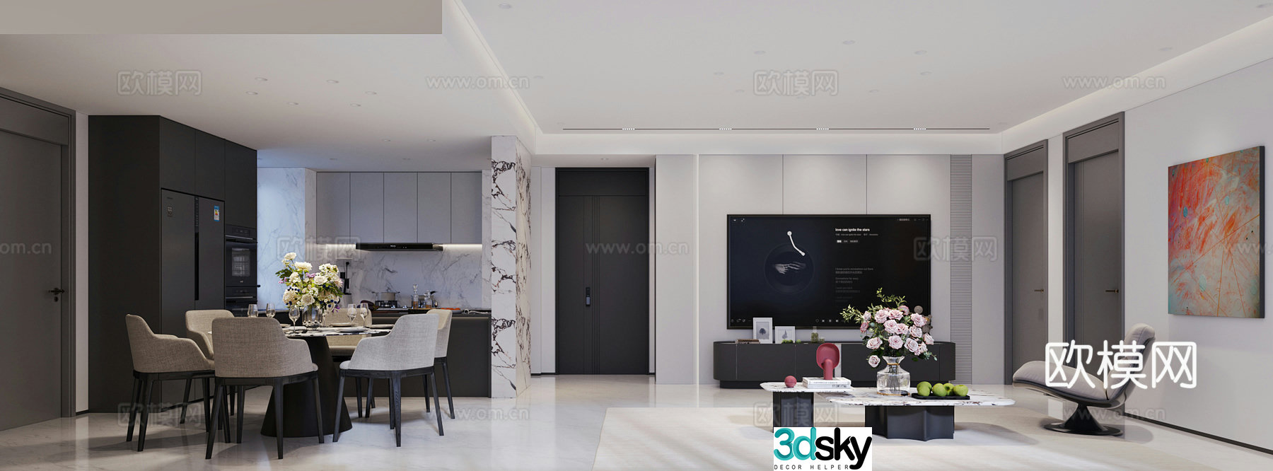 Modern living and dining room 3d model