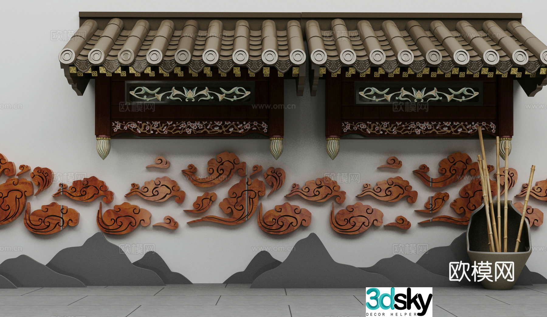 Ancient building ornament door head combination 3D model