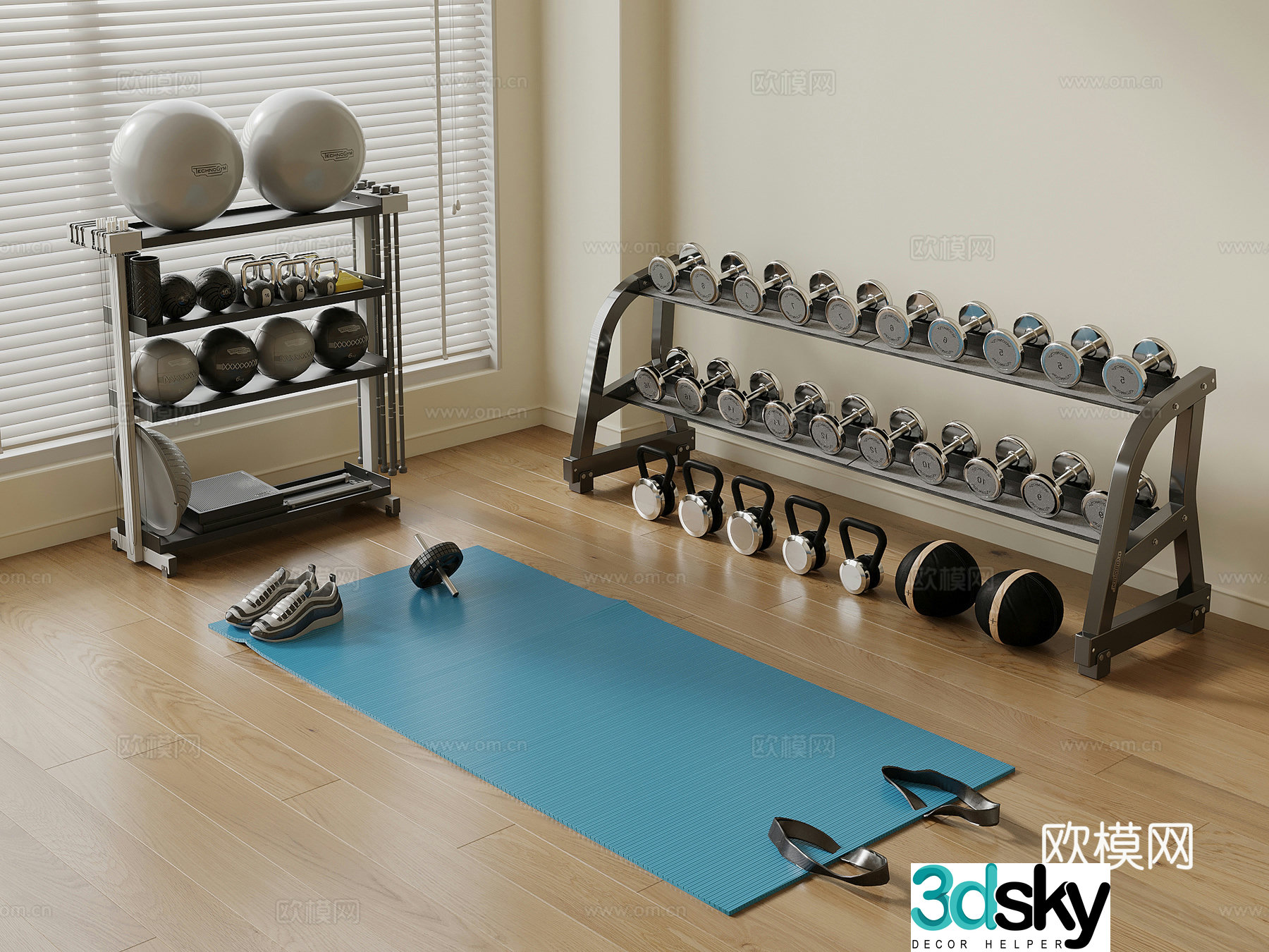 Modern fitness equipment dumbbell yoga mat 3d model
