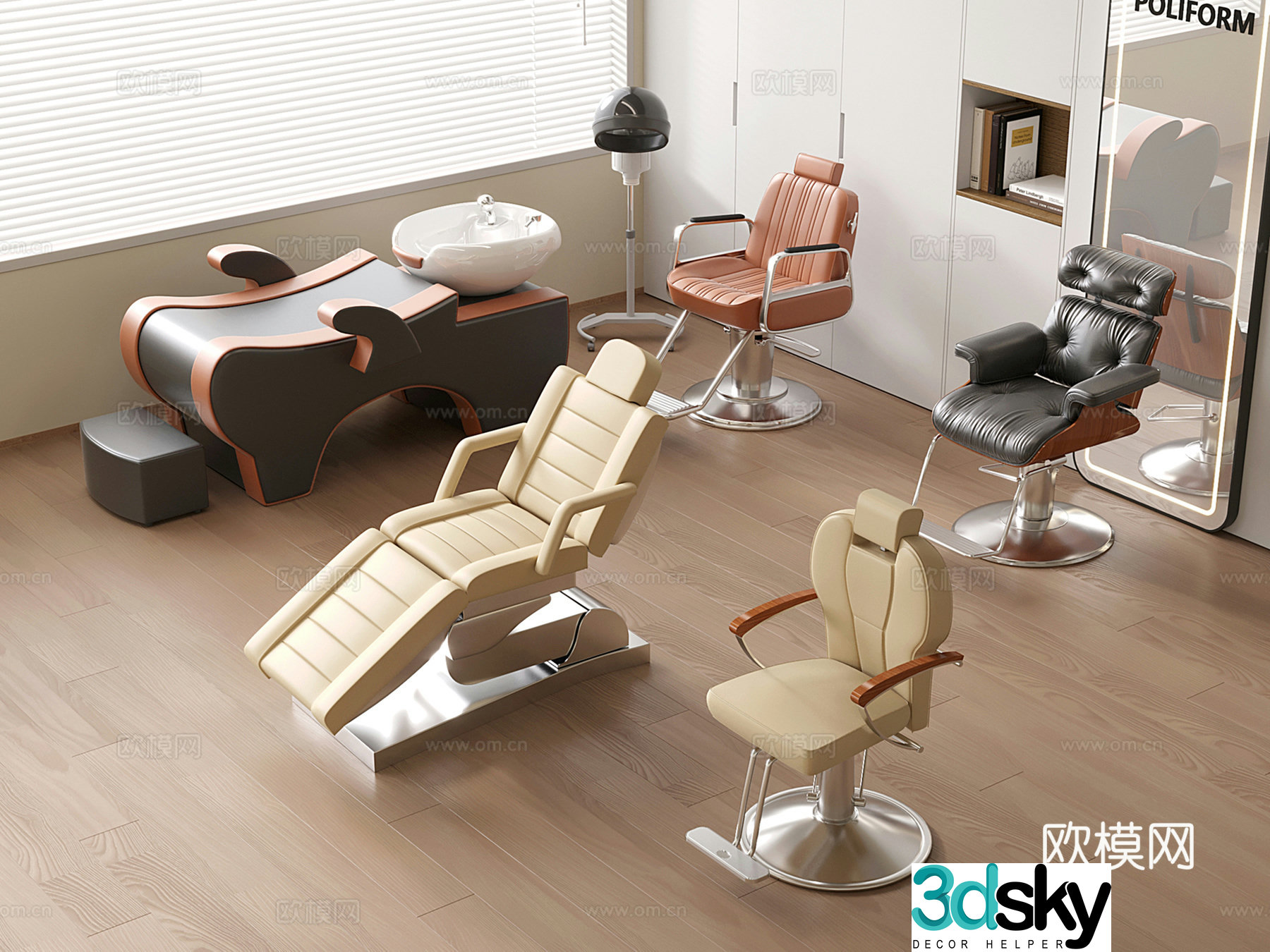 Modern barber equipment, barber chair, shampoo bed, electric beauty bed 3D model