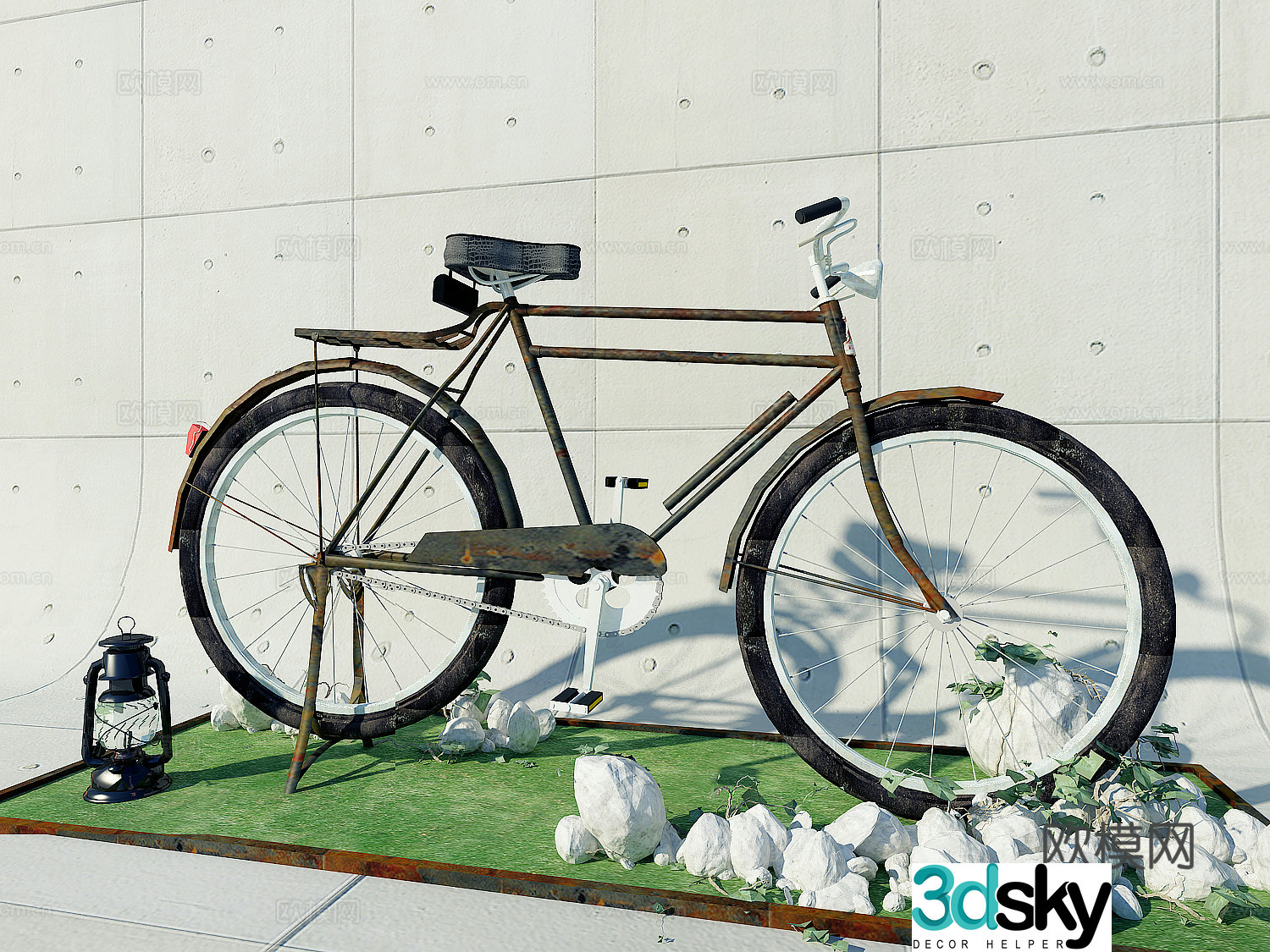 Industrial style old Phoenix bicycle, lantern, cement board 3D model