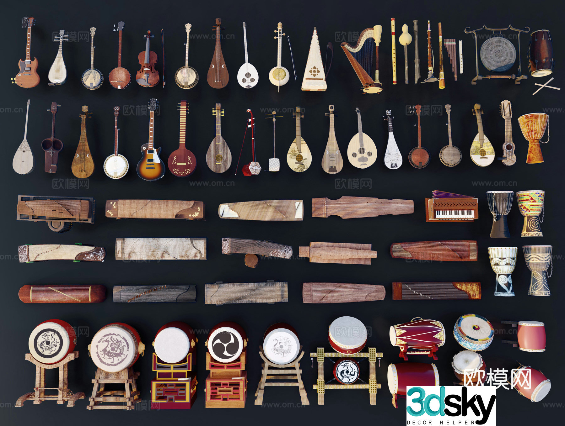 Chinese classical musical instruments, guzheng, pipa, flute, tambourine and drum, national musical instrument, panpipe and waist drum 3D model