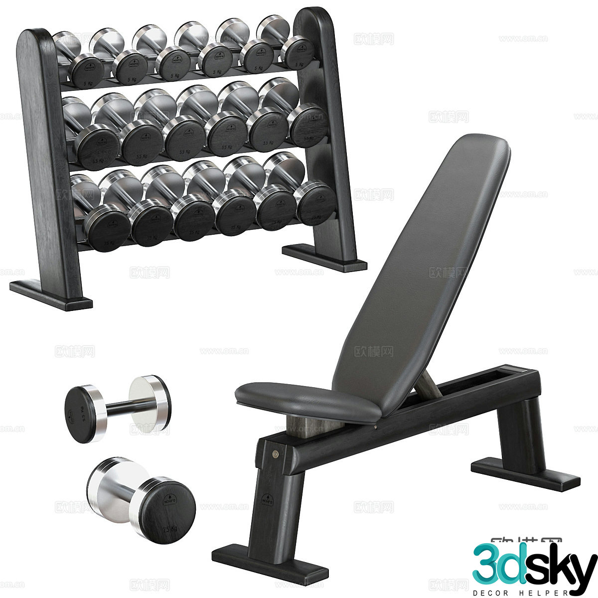 Modern fitness equipment set 3d model