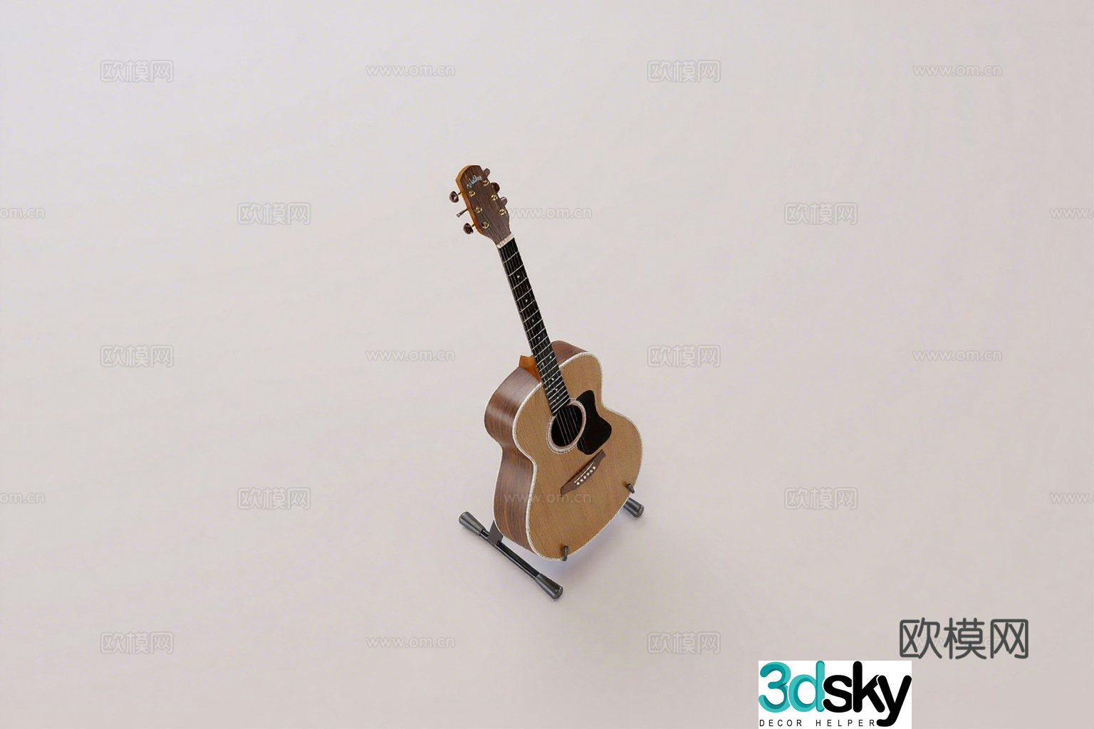 Modern folk guitar, light brown wood grain body, black metal stand 3D model