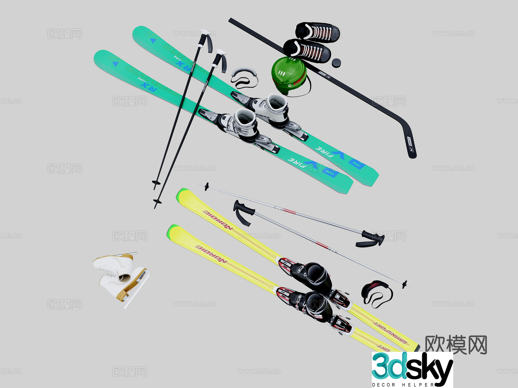 modern sports equipment sled ski equipment shoes roller skates helmet 3d model
