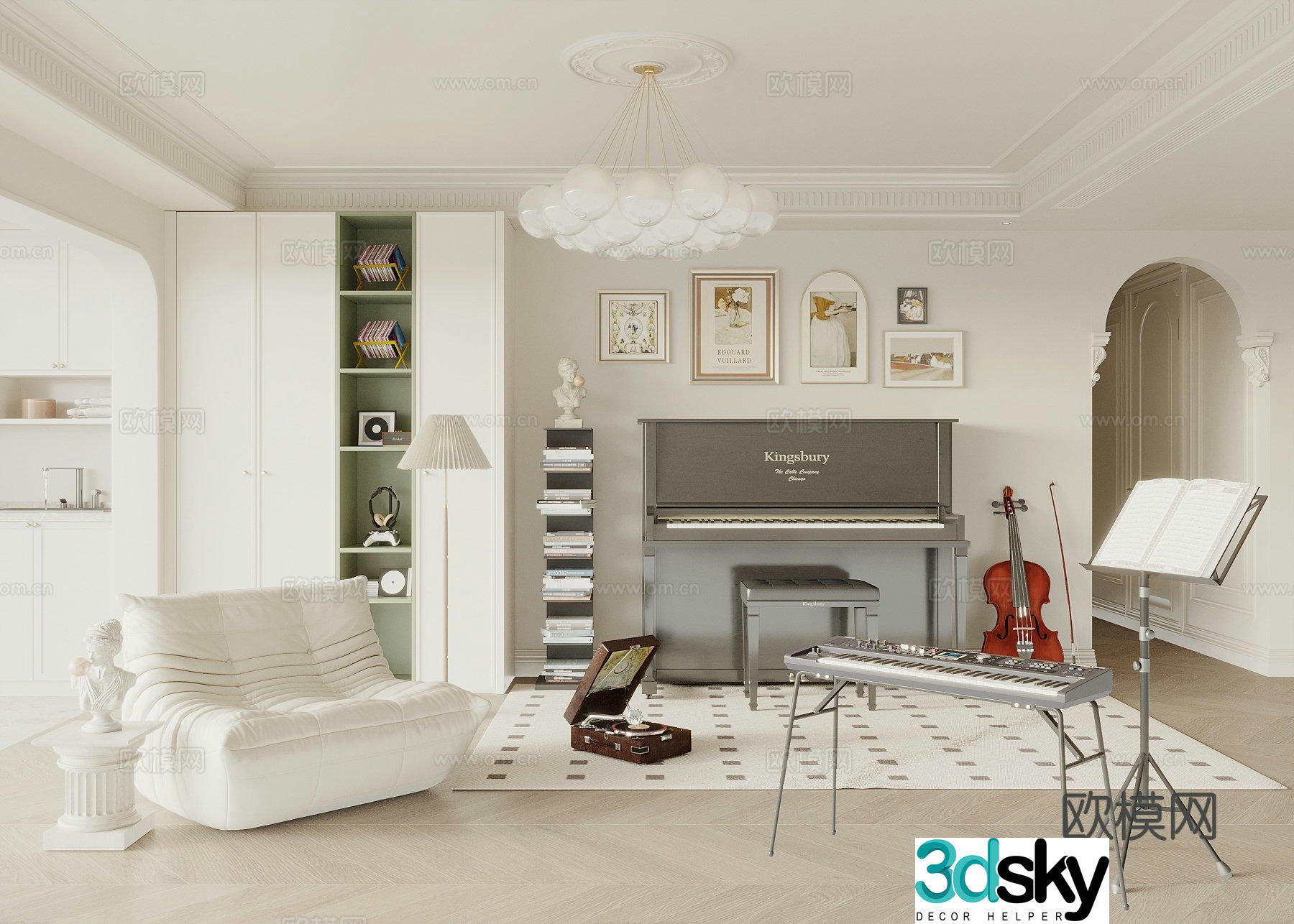 Piano room upright piano violin electronic keyboard musical instrument combination 3d model