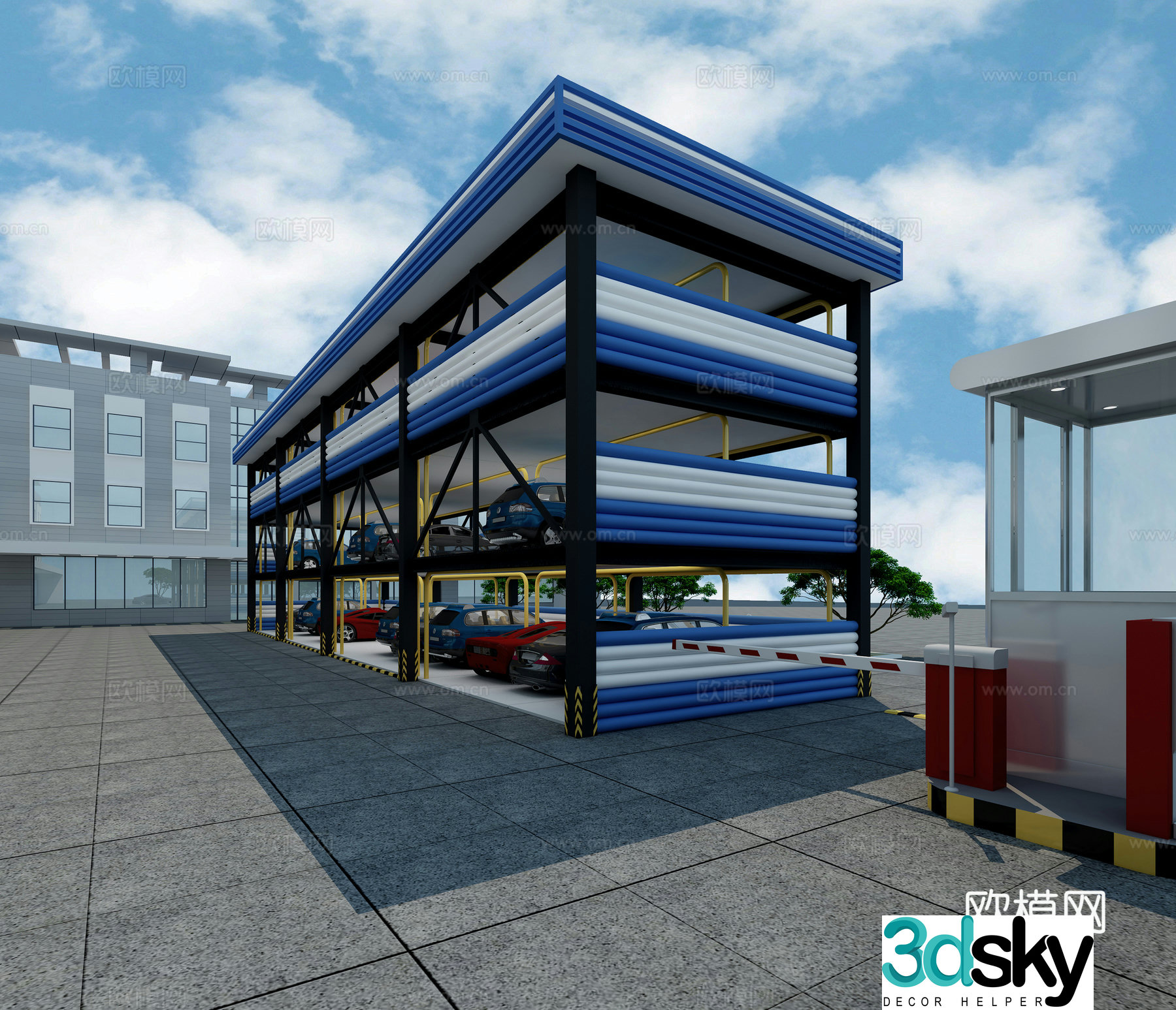 modern parking lot guard box car tree 3d model