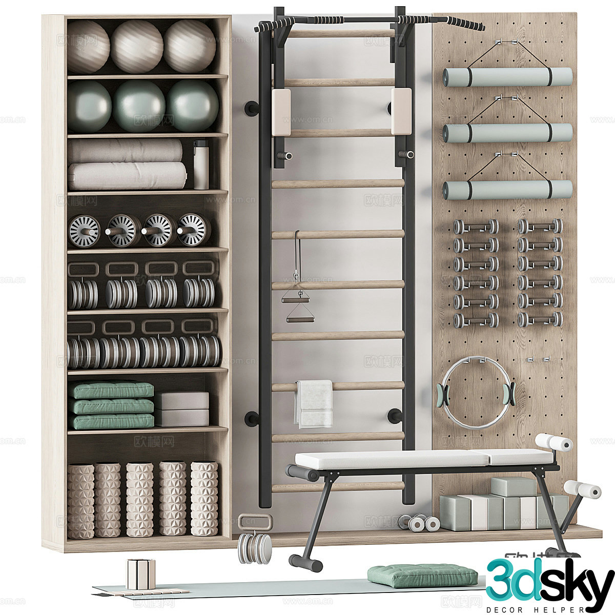 Modern fitness equipment set 3d model