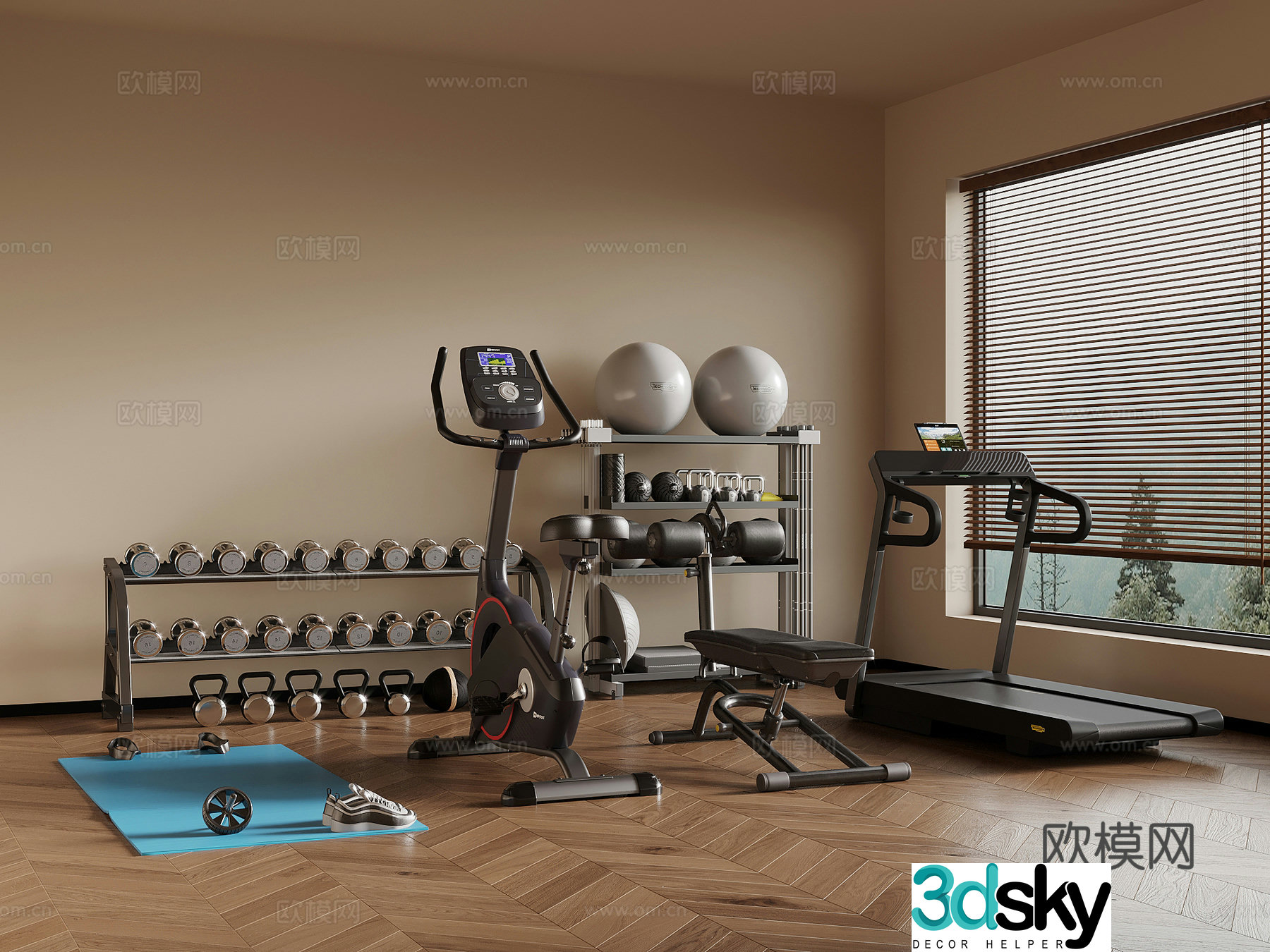 Modern fitness equipment, sports equipment, treadmill, spinning bike, dumbbell 3d model