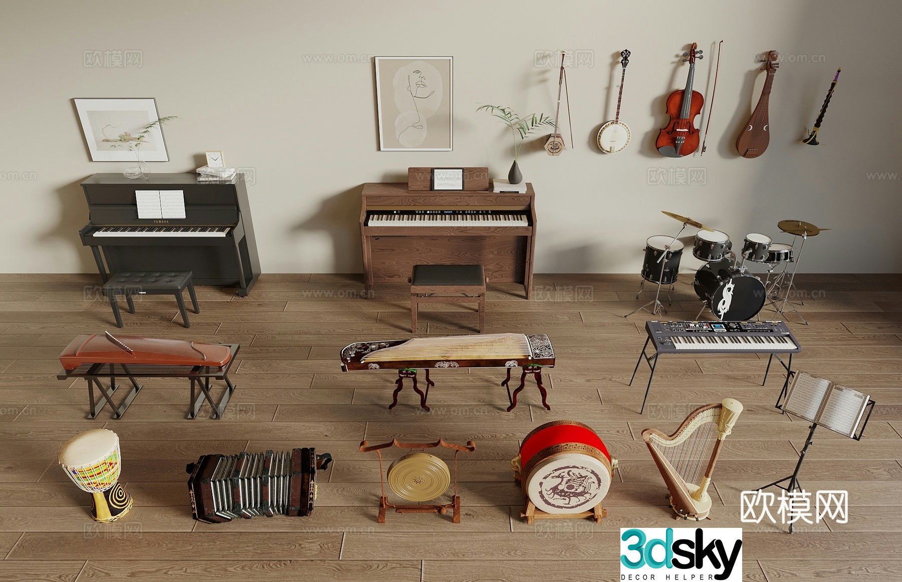 Musical instrument piano electronic keyboard guzheng guitar drum pipa drum set musical instrument combination 3d model