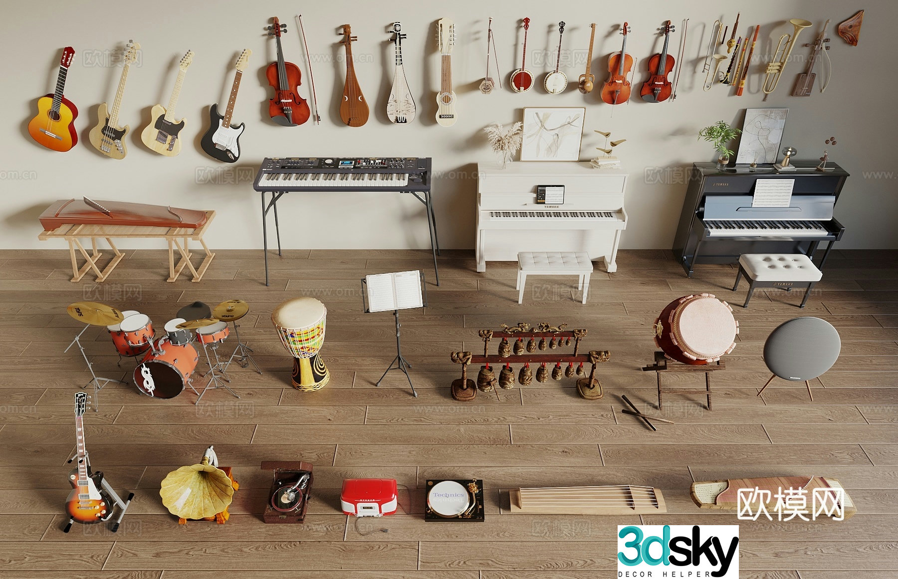 Musical instrument piano electronic keyboard guzheng guitar drum pipa drum set musical instrument combination 3d model